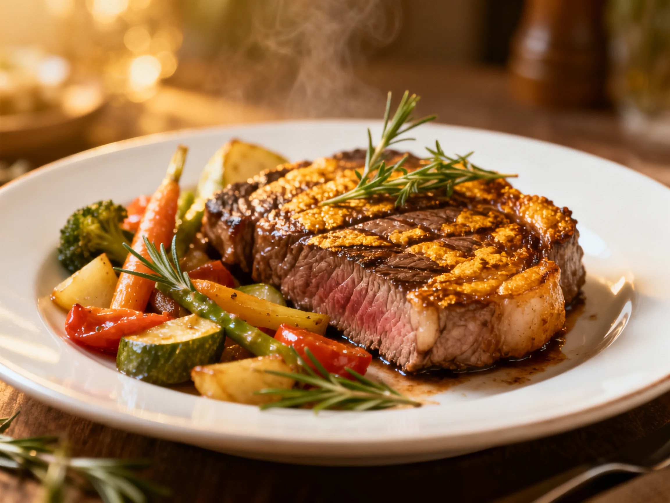 A juicy grilled steak served with roasted vegetables and fresh herbs