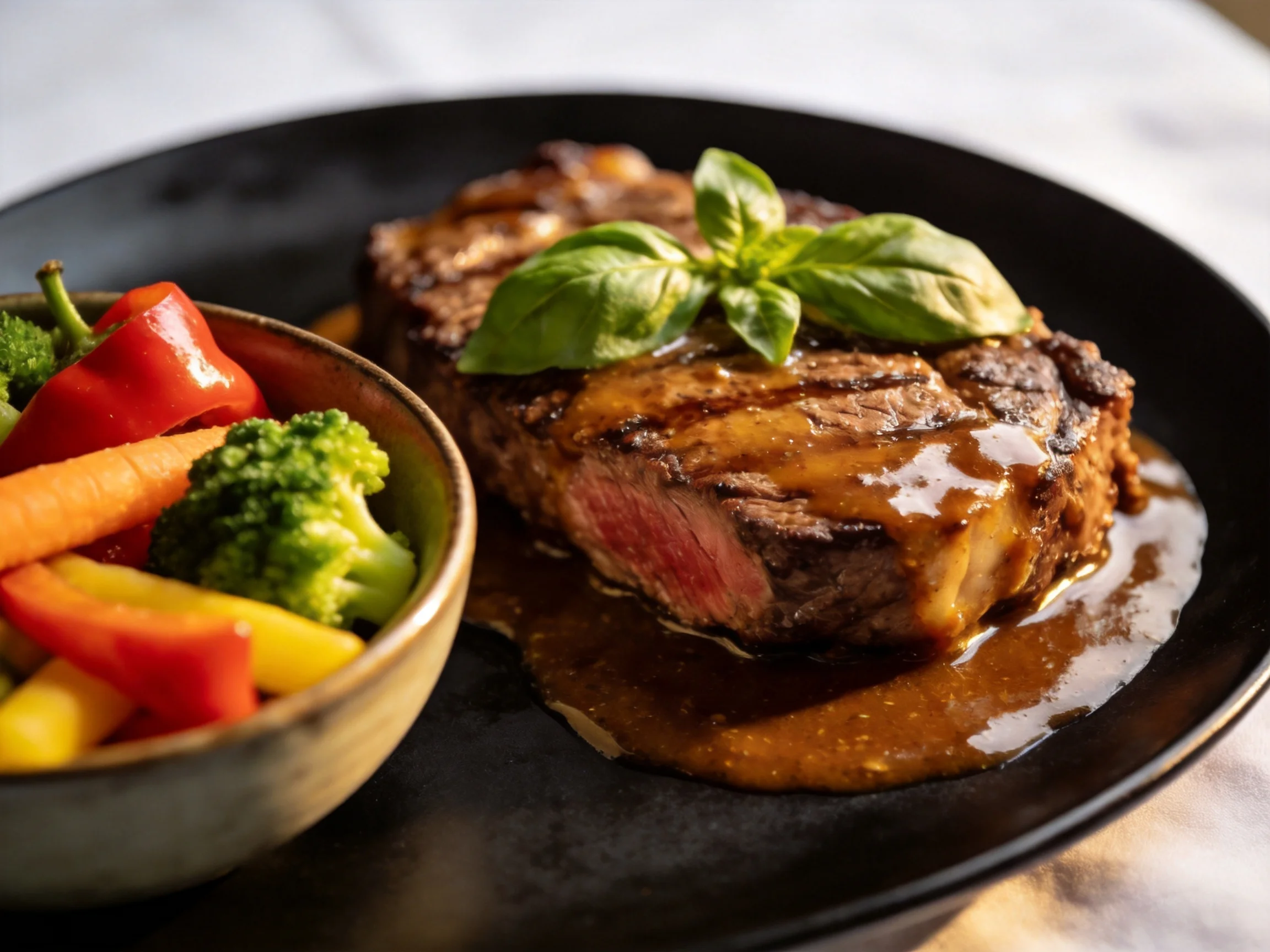 A juicy grilled steak served with vibrant mixed veggies and savory sauce