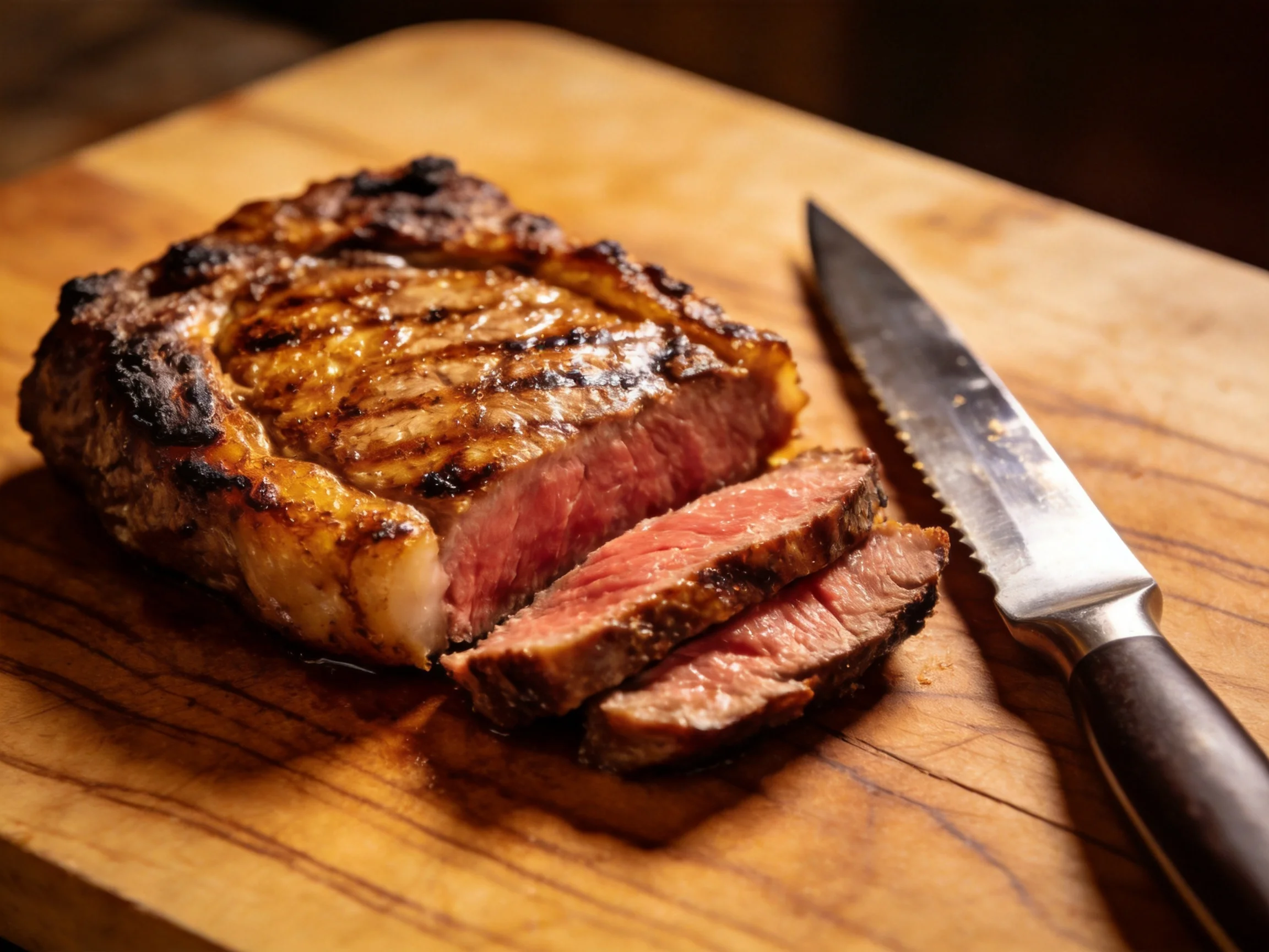 A juicy grilled steak sliced on a wooden cutting board