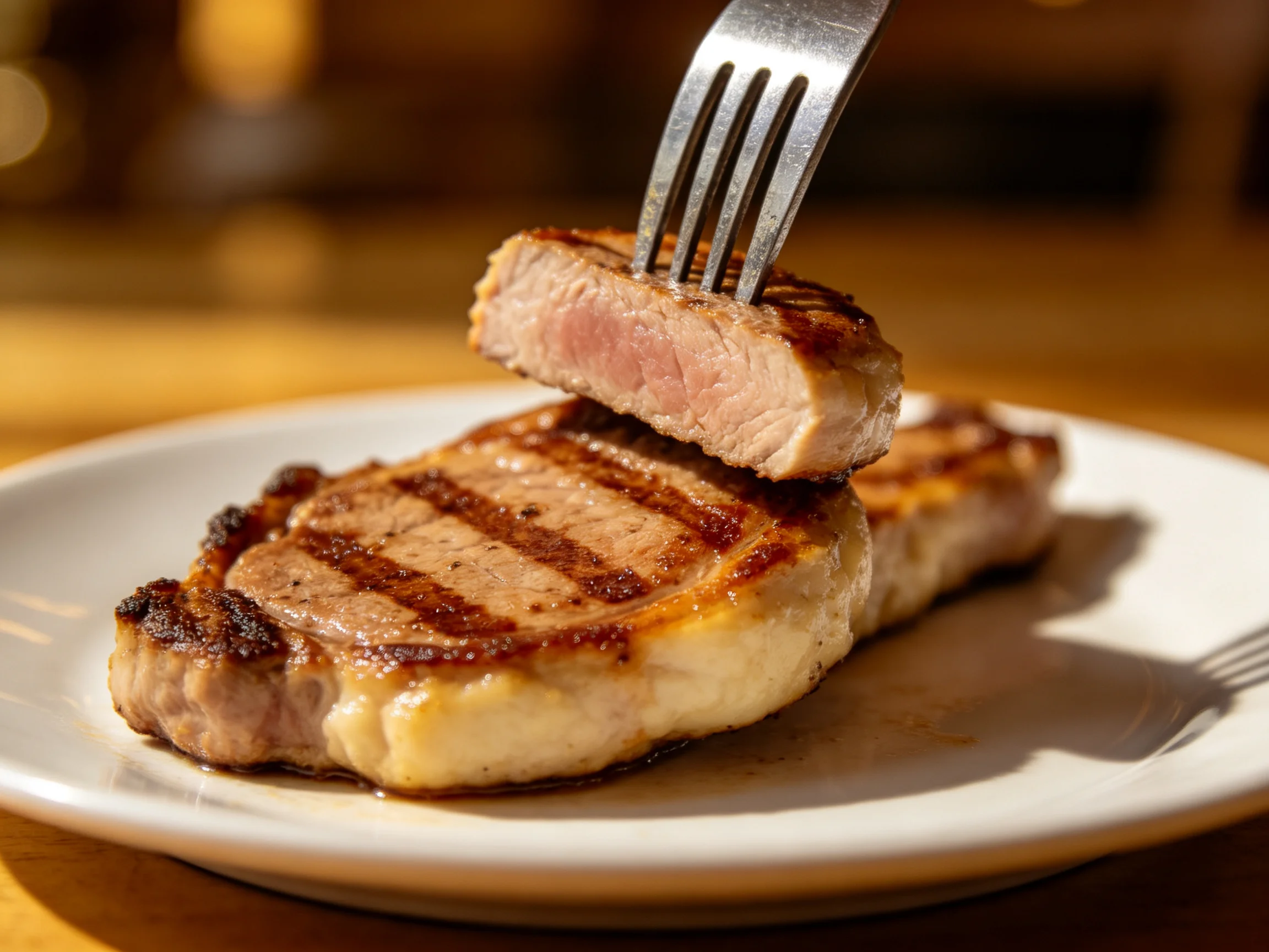 A juicy grilled steak sliced with a fork on a white plate