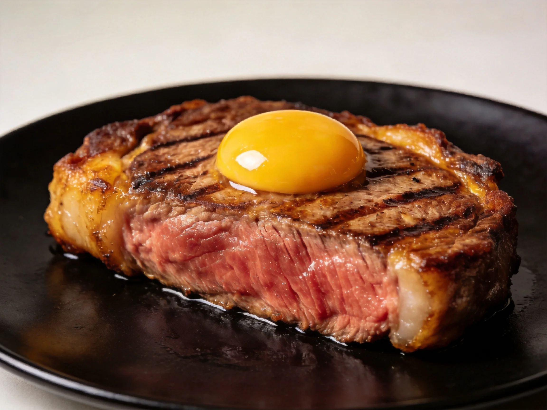 A juicy grilled steak topped with a raw egg yolk on a black plate
