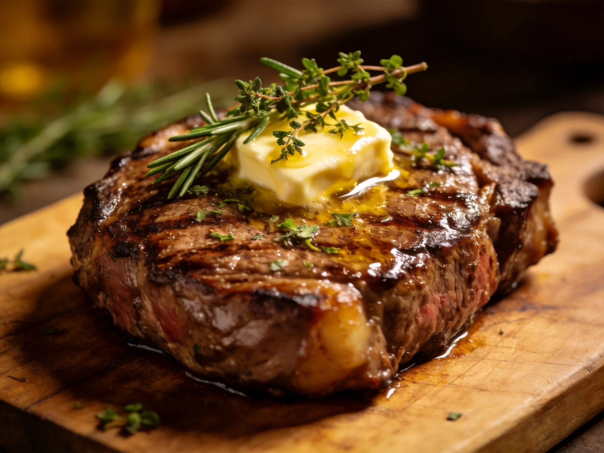 A juicy grilled steak topped with herb butter on a wooden cutting board