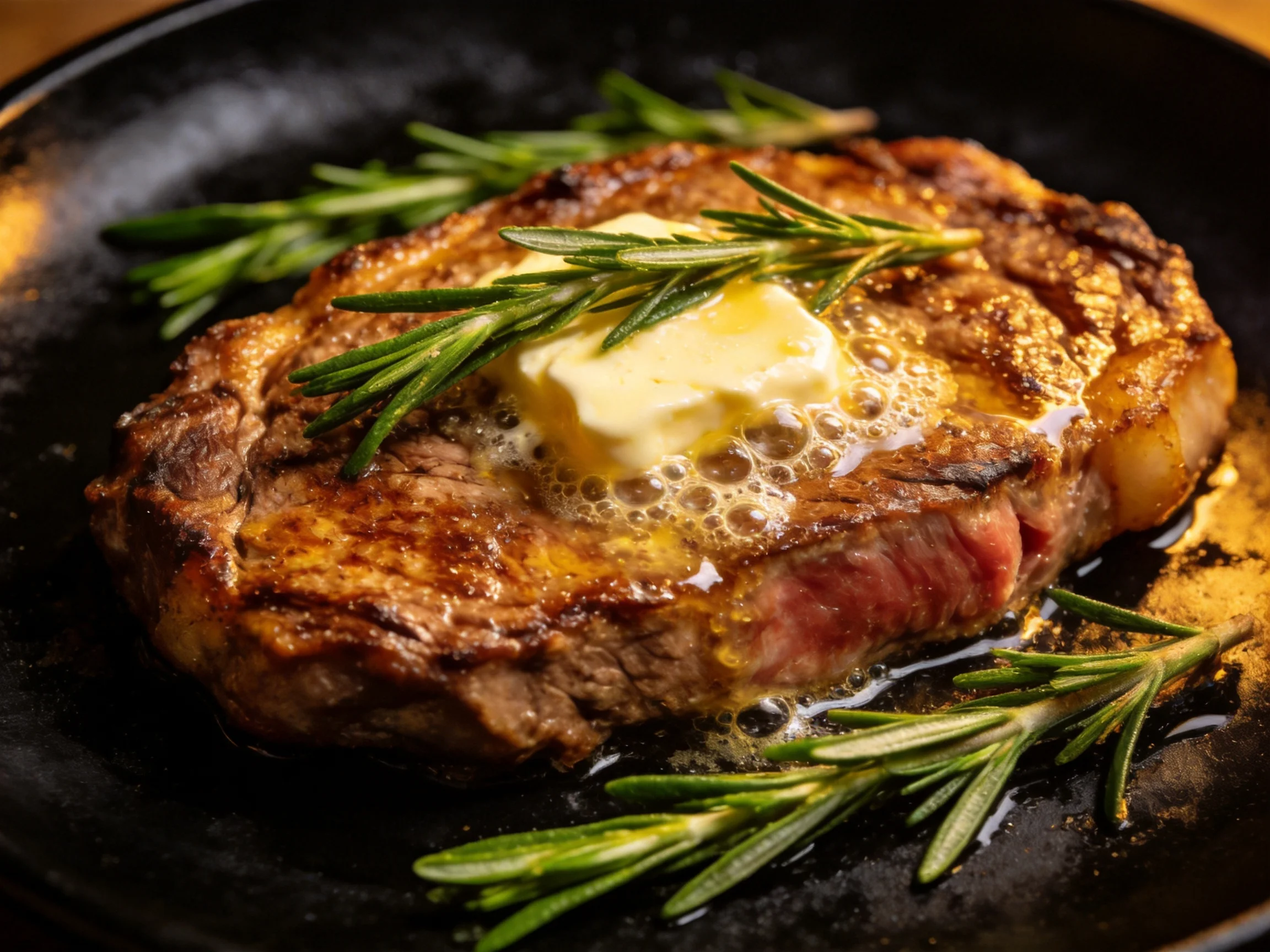 A juicy grilled steak topped with melting butter and fresh rosemary