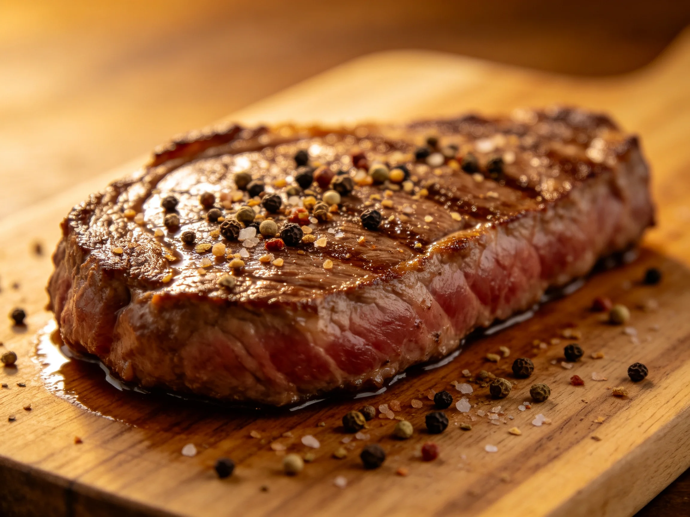 A juicy grilled steak topped with mixed peppercorns on wood