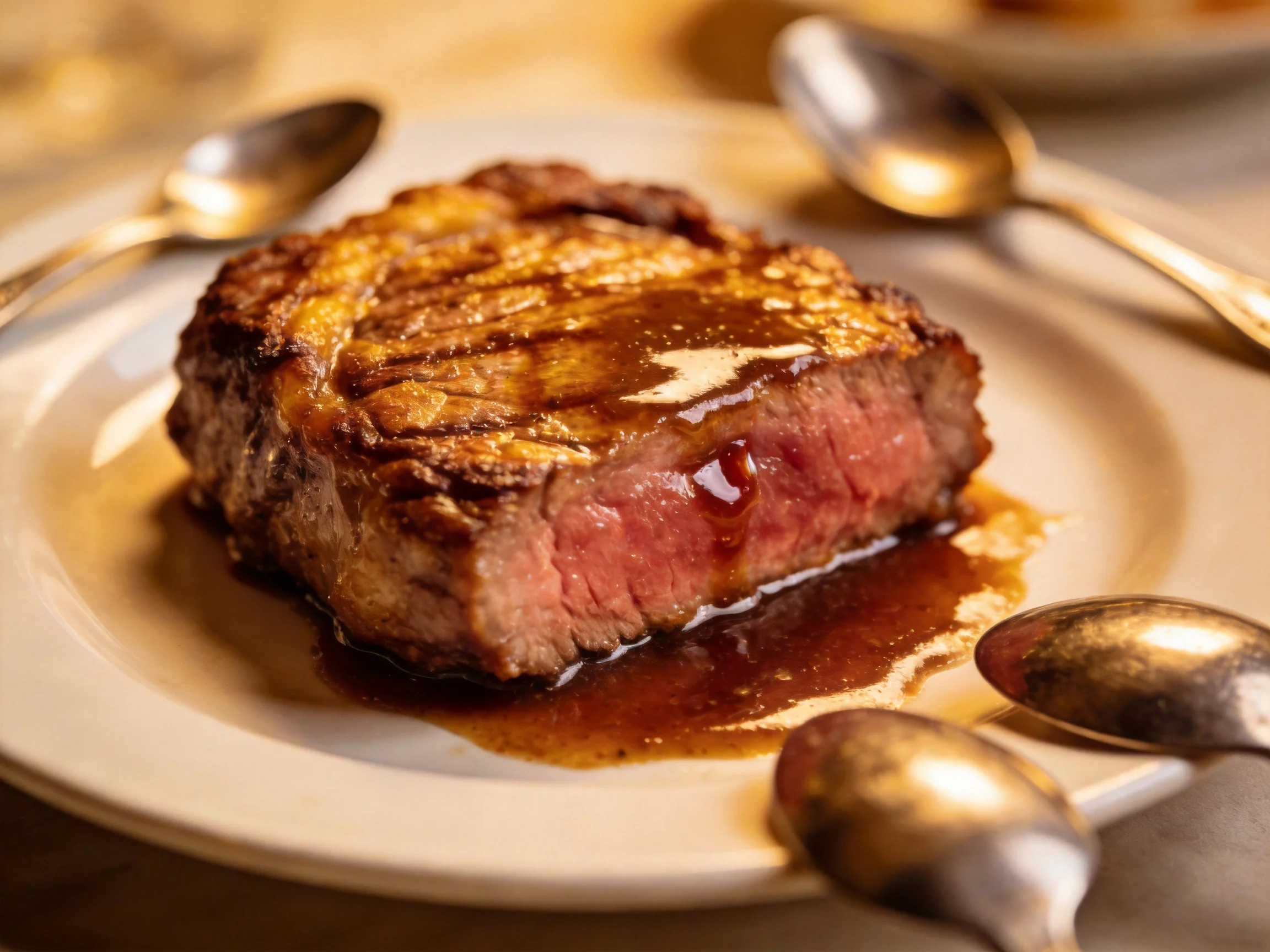 A juicy grilled steak with brown sauce on a white plate