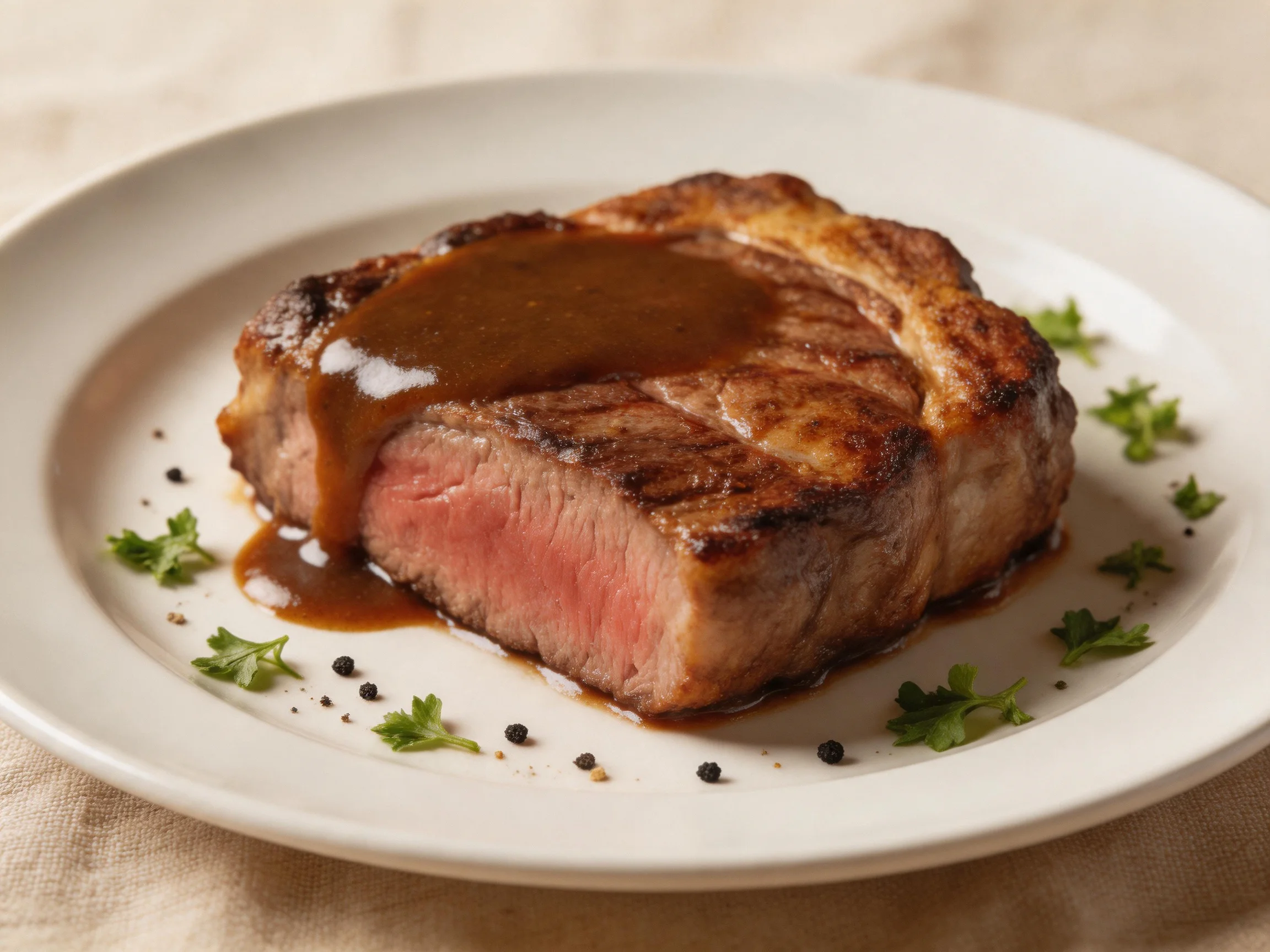 A juicy grilled steak with brown sauce on a white plate, garnished with herbs