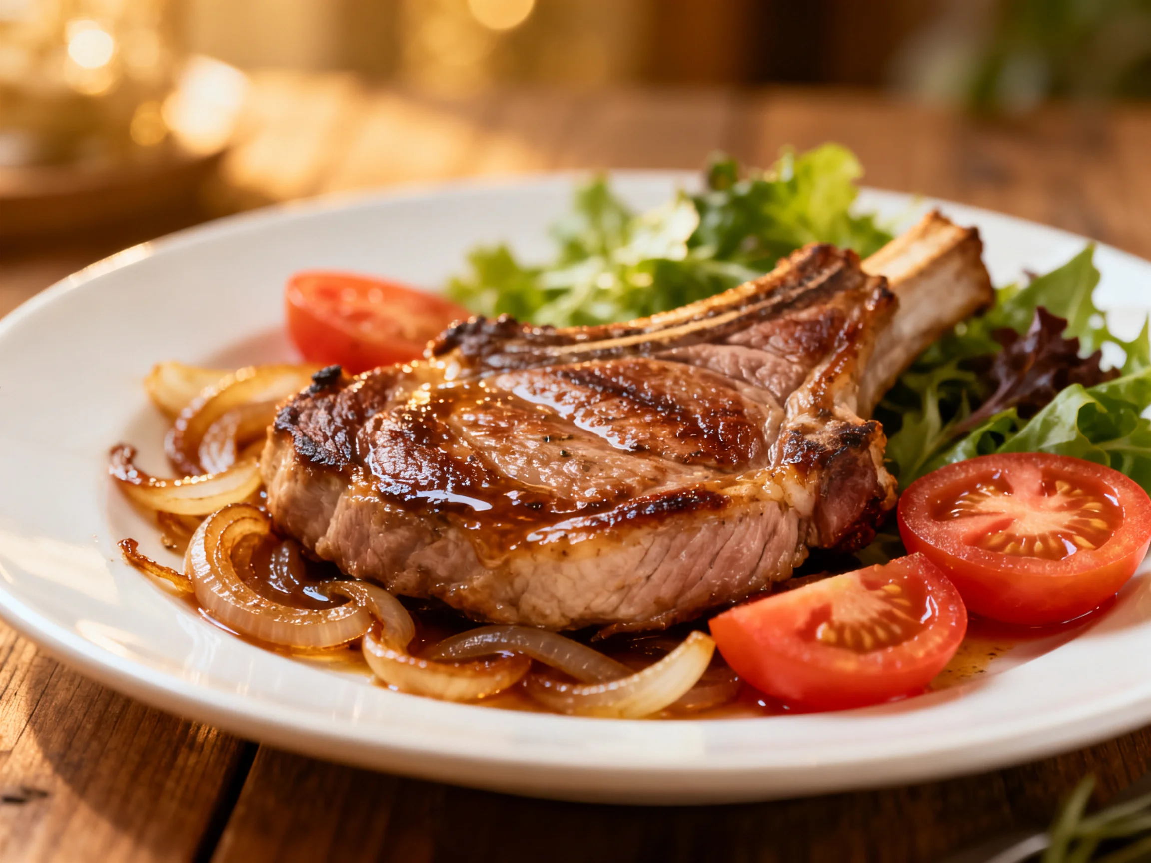 A juicy grilled steak with caramelized onions, fresh tomatoes, and mixed greens