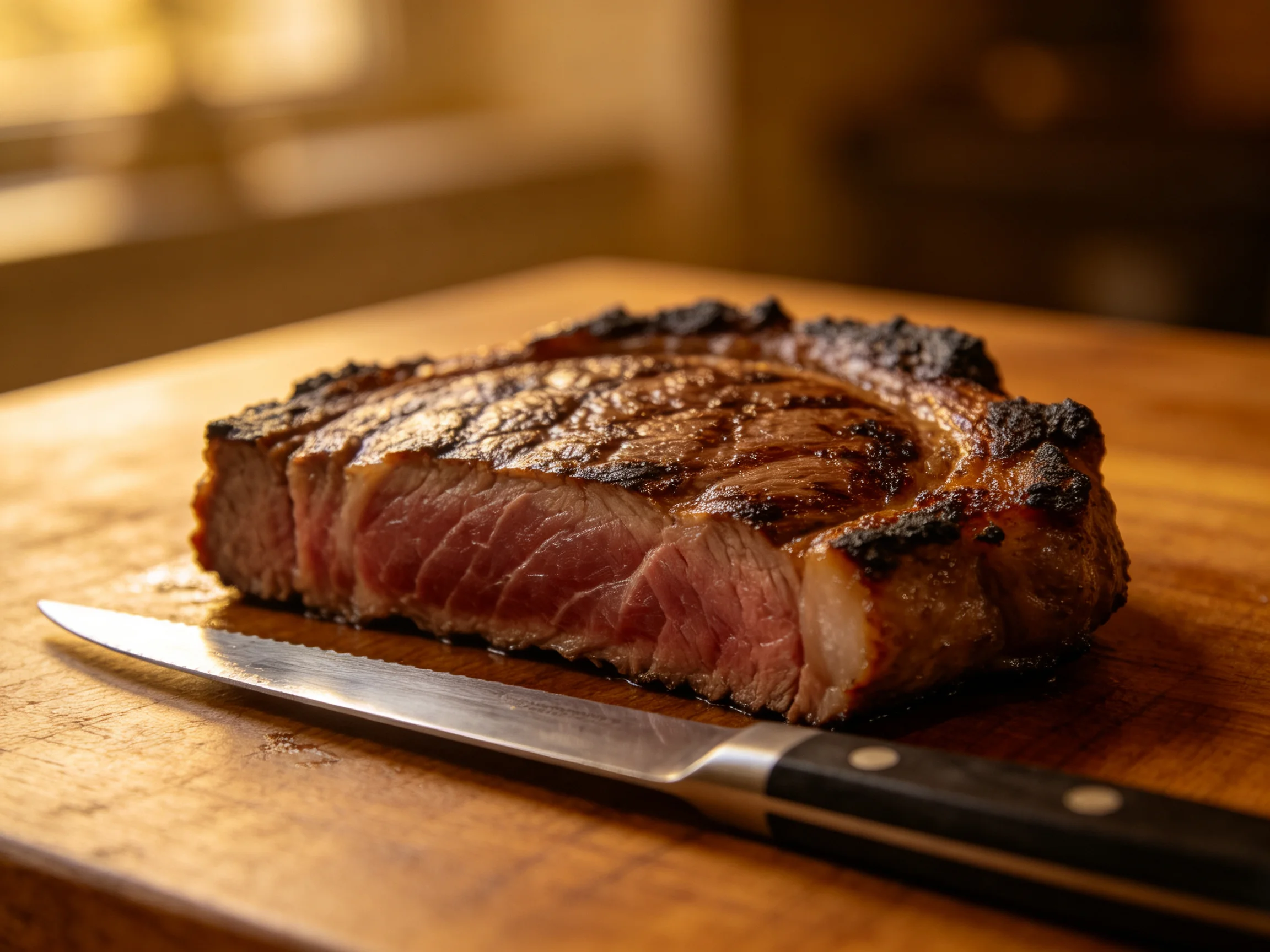 A juicy grilled steak with charred edges on a wooden cutting board