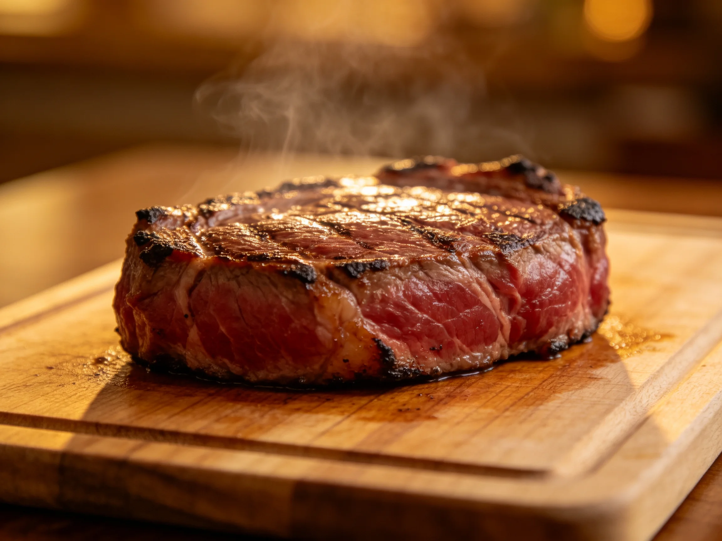 A juicy grilled steak with charred edges on a wooden cutting board