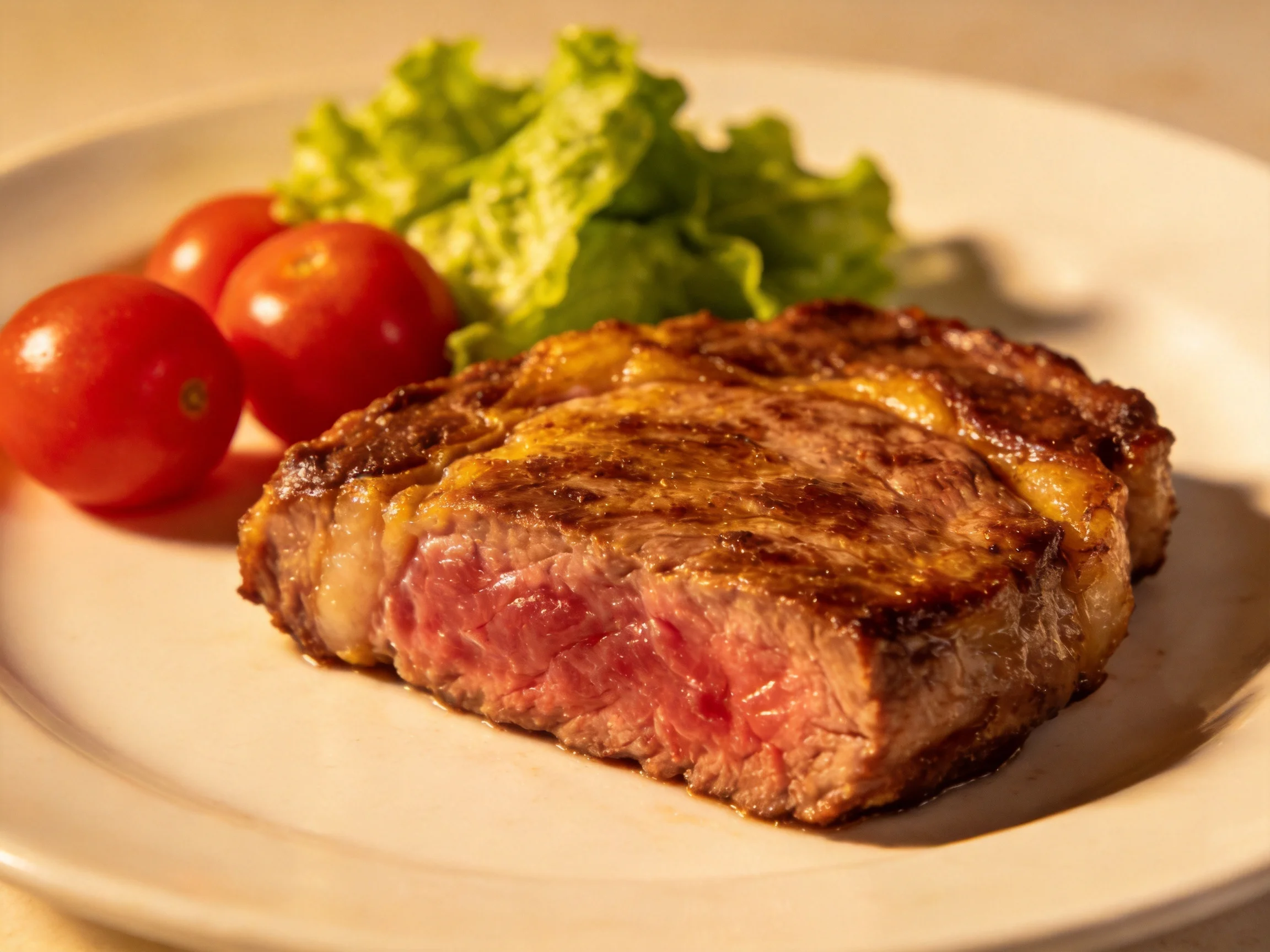 A juicy grilled steak with cherry tomatoes and fresh greens on a plate