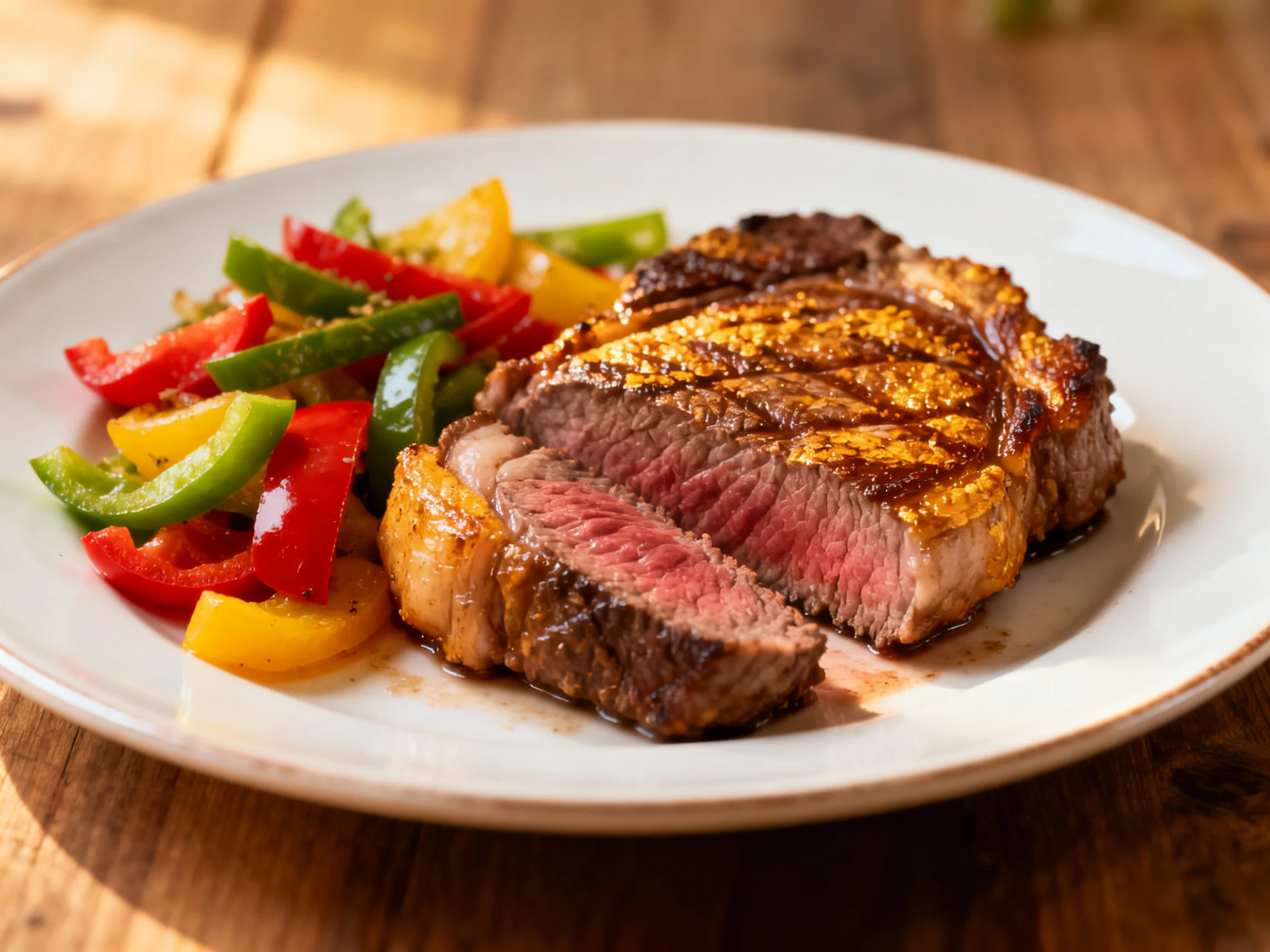 A juicy grilled steak is served with vibrant bell pepper slices on a white plate.