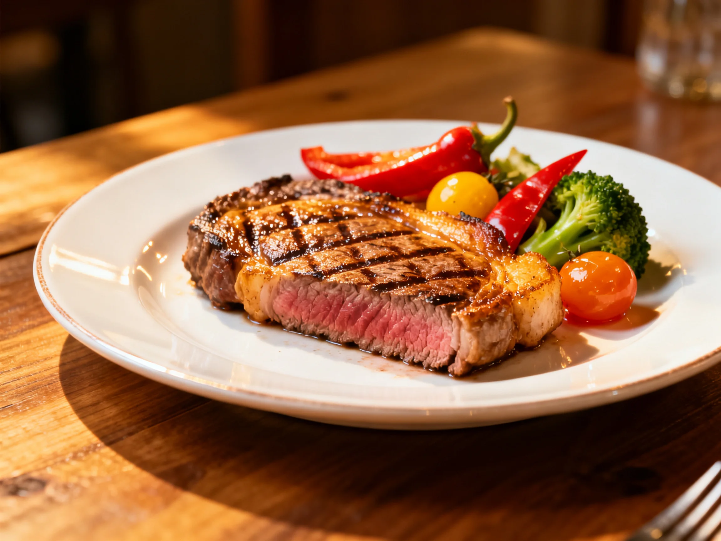 A juicy grilled steak with colorful vegetables on a white plate