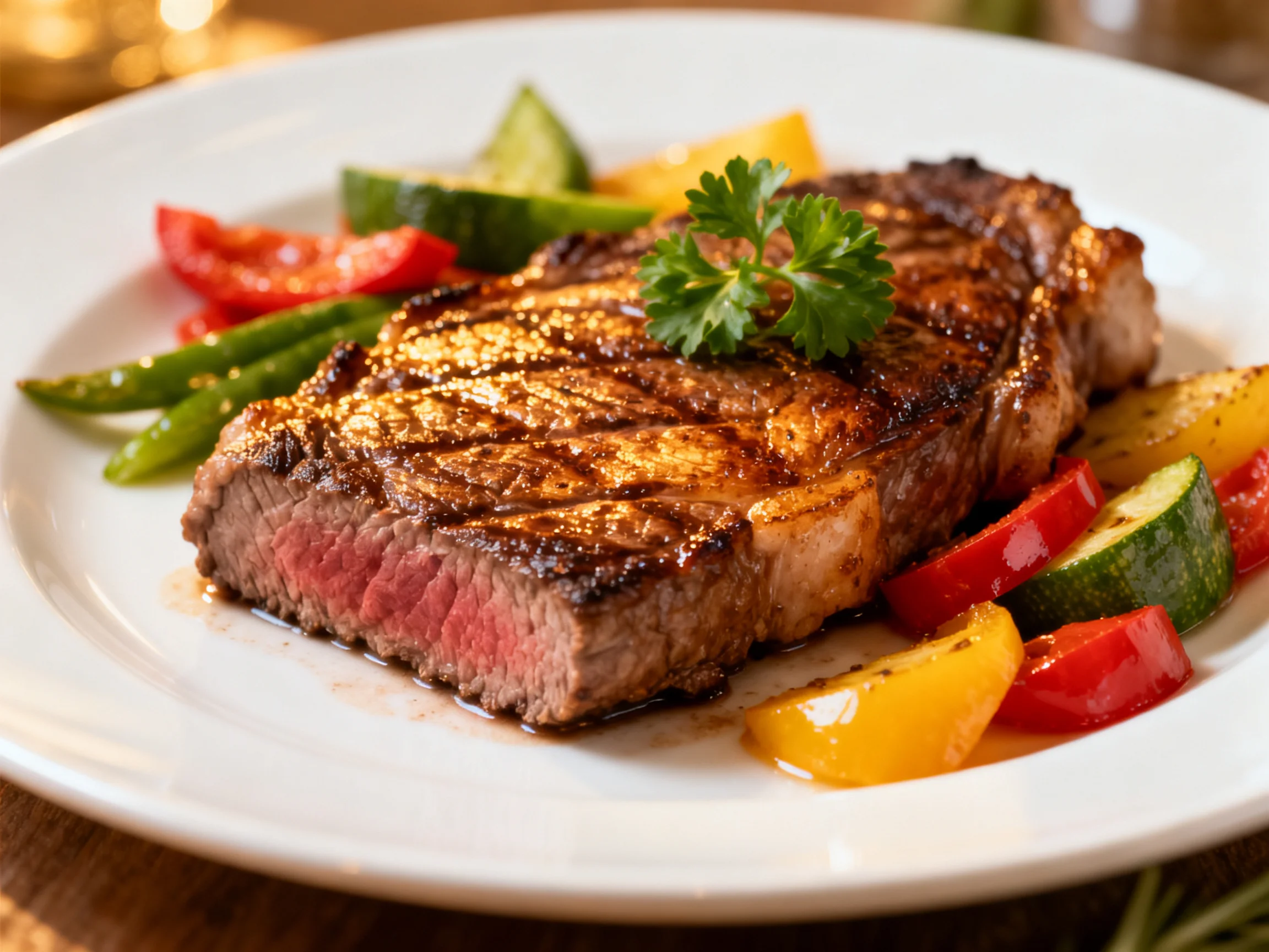 A juicy grilled steak with colorful vegetables on a white plate