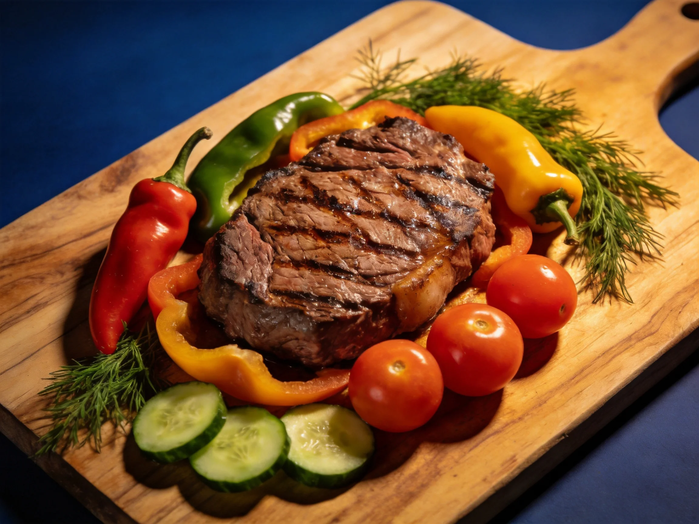 A grilled steak is displayed among colorful vegetables on a wooden cutting board.
