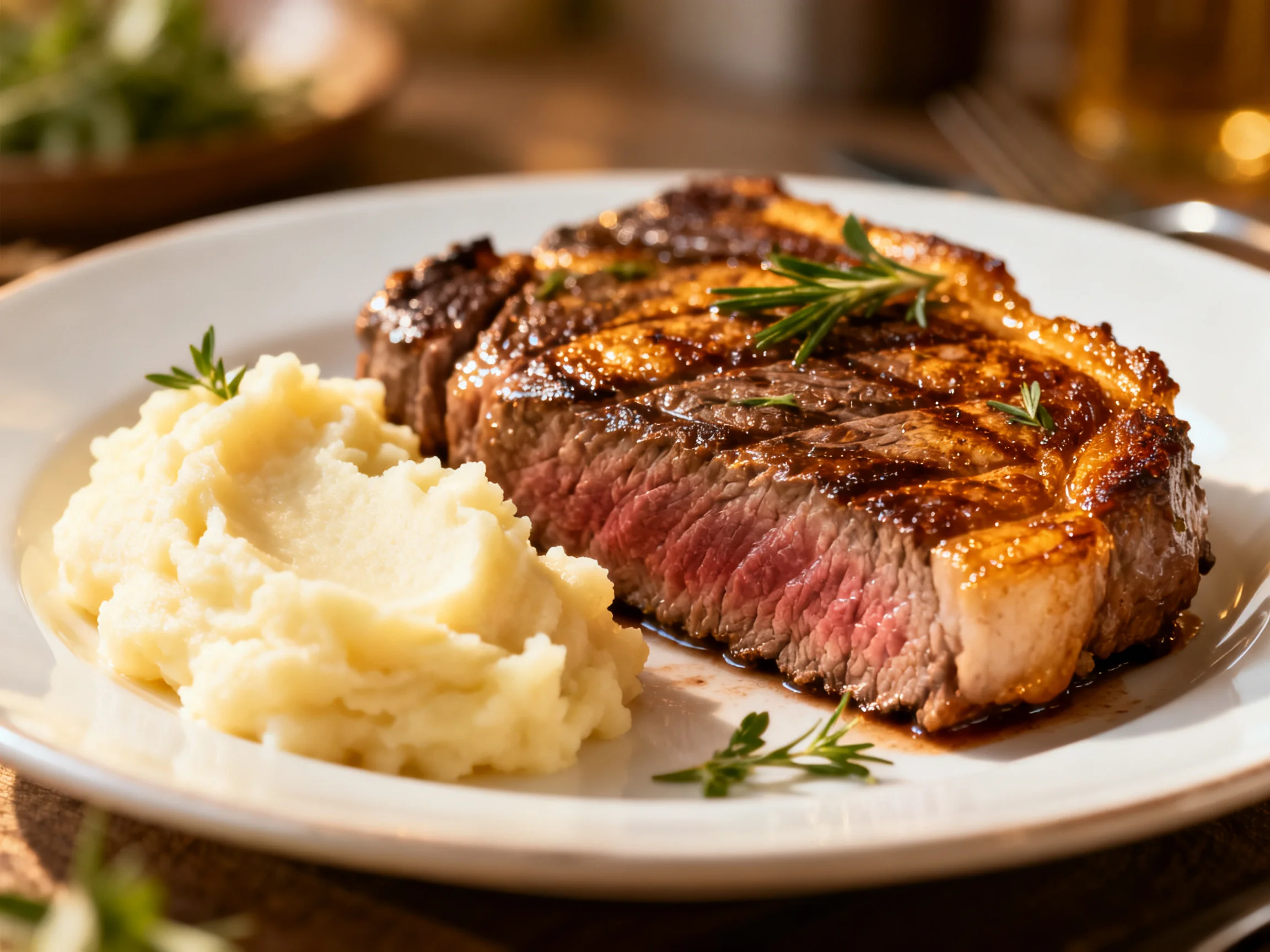 A juicy grilled steak with creamy mashed potatoes on a white plate