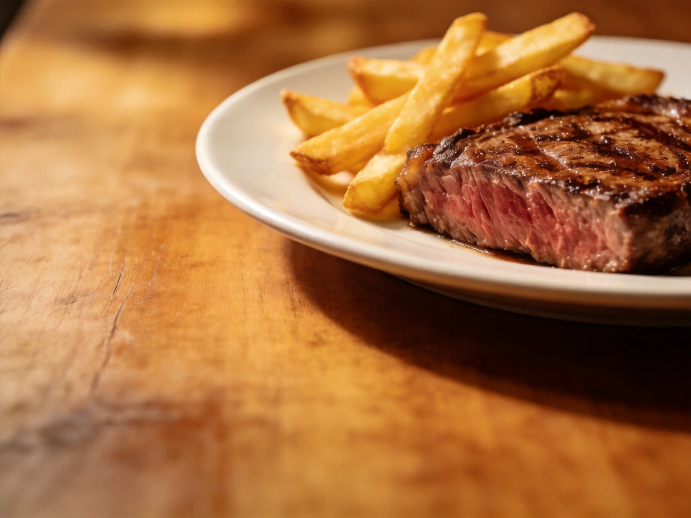 A juicy grilled steak with crispy golden fries on a white plate