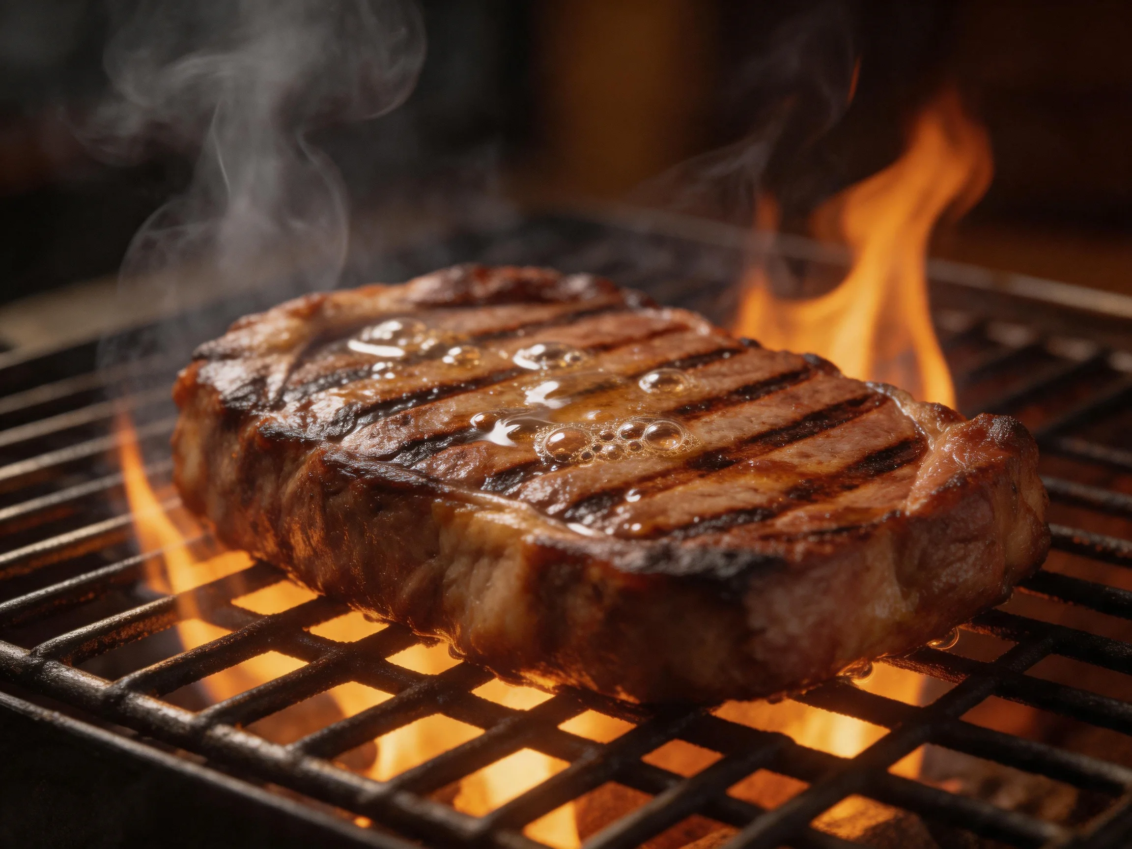 A juicy grilled steak with distinct grill marks cooks over bright orange flames