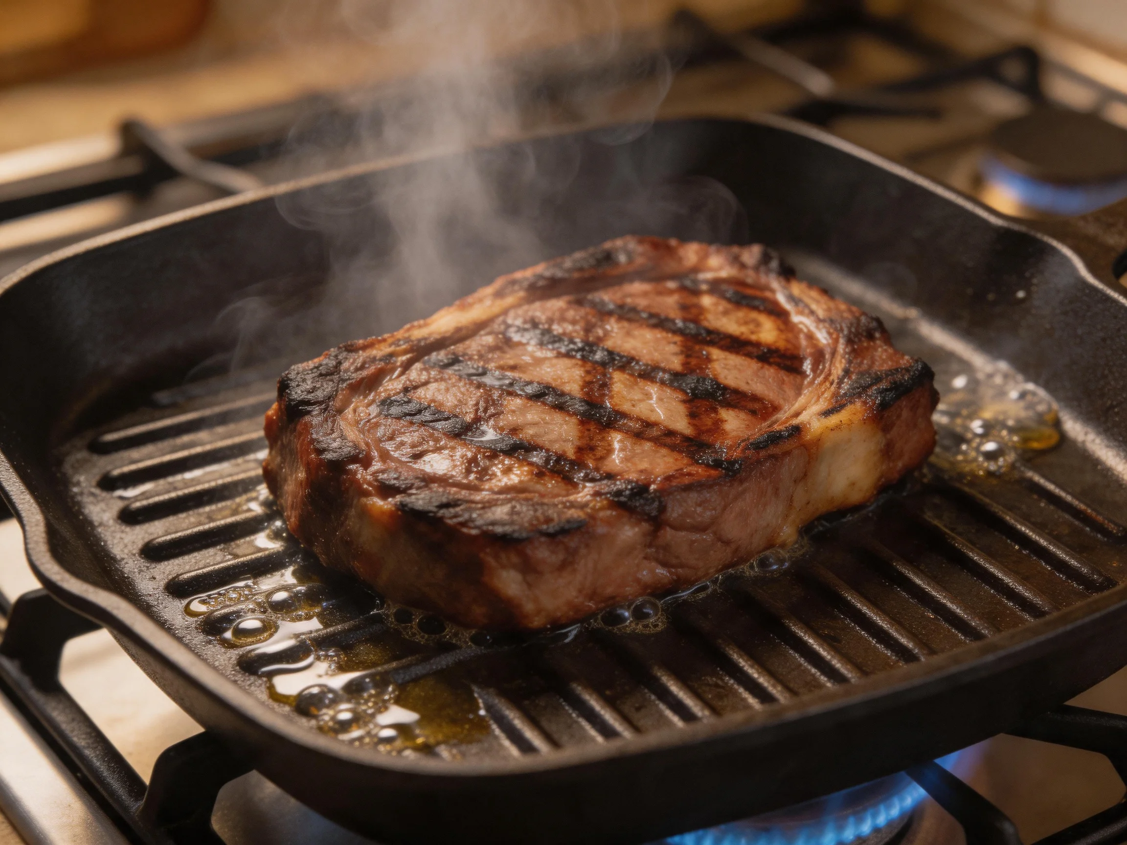 A juicy grilled steak with distinct grill marks in a cast iron grill pan