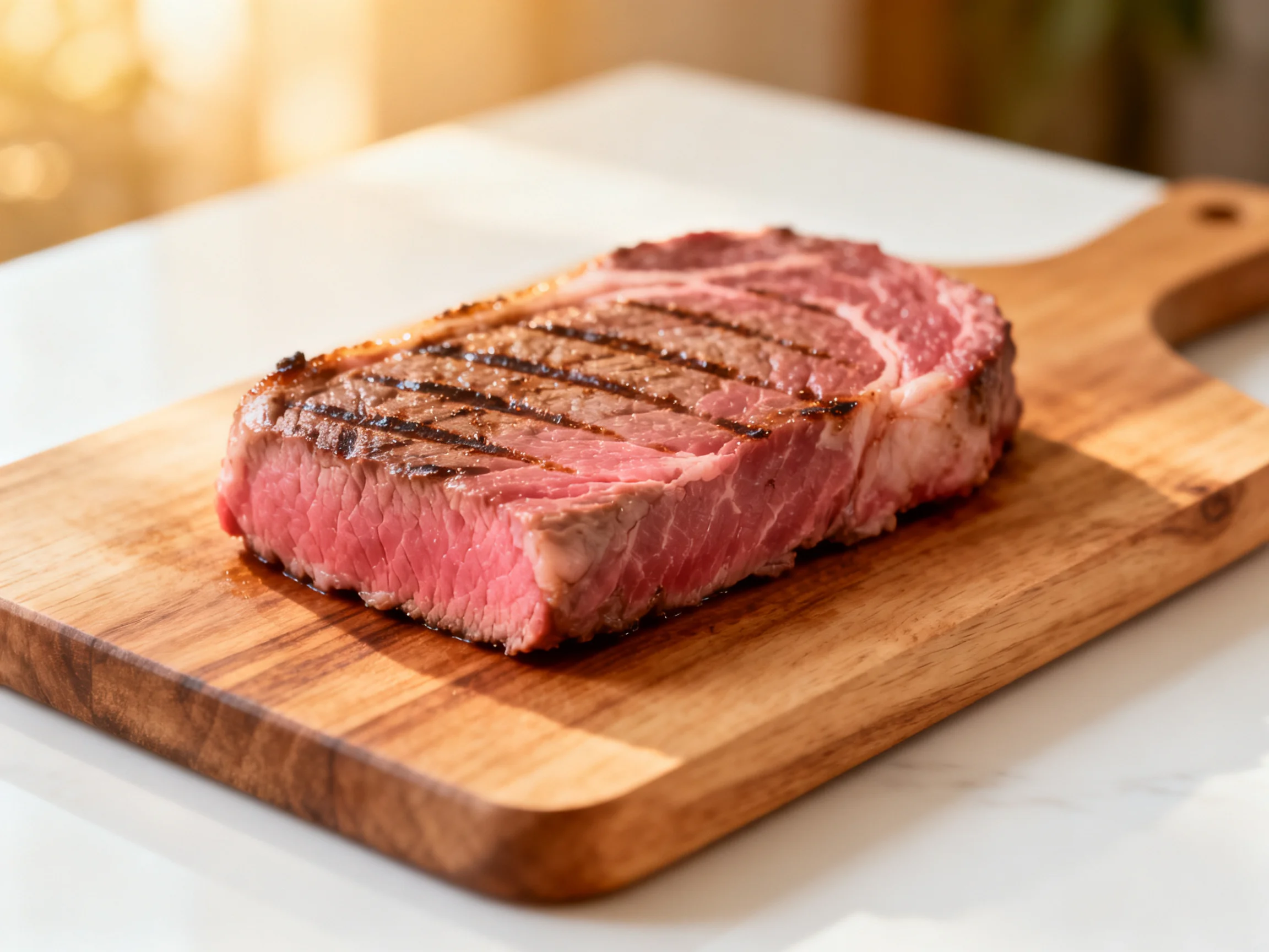 A juicy grilled steak with distinct grill marks on a wooden cutting board.