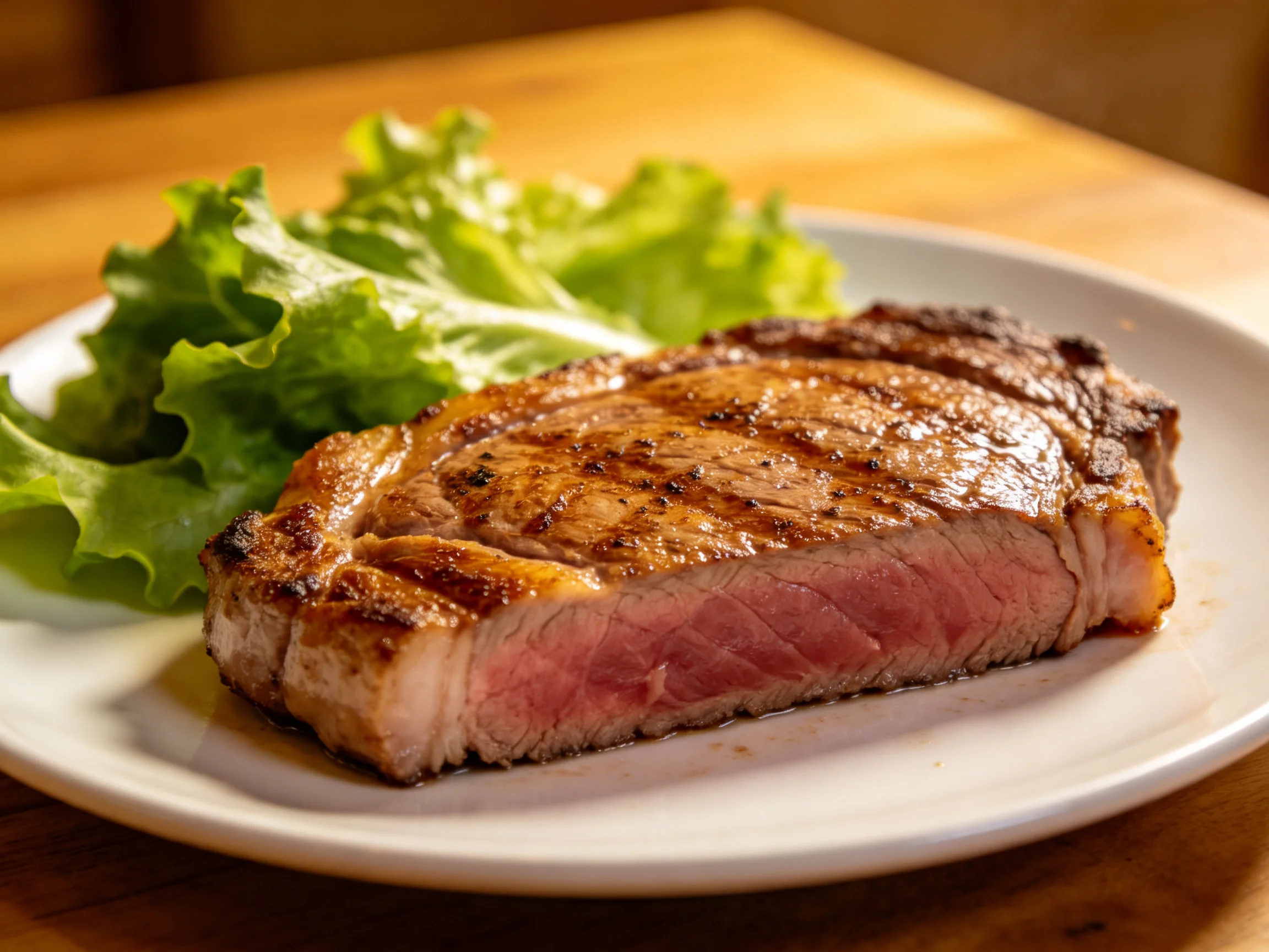 A juicy grilled steak with fresh green lettuce on a white plate