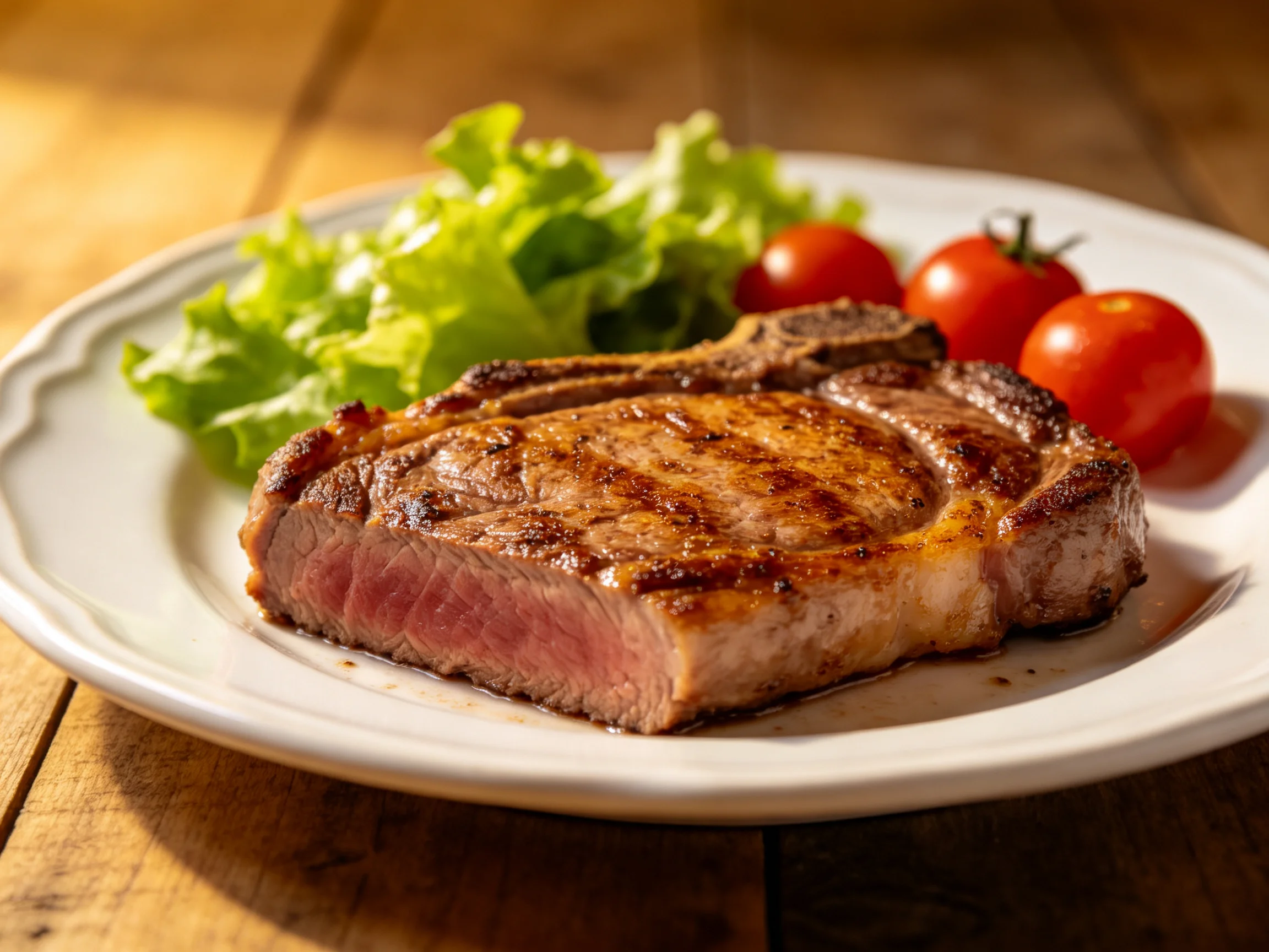 A juicy grilled steak with fresh greens and cherry tomatoes