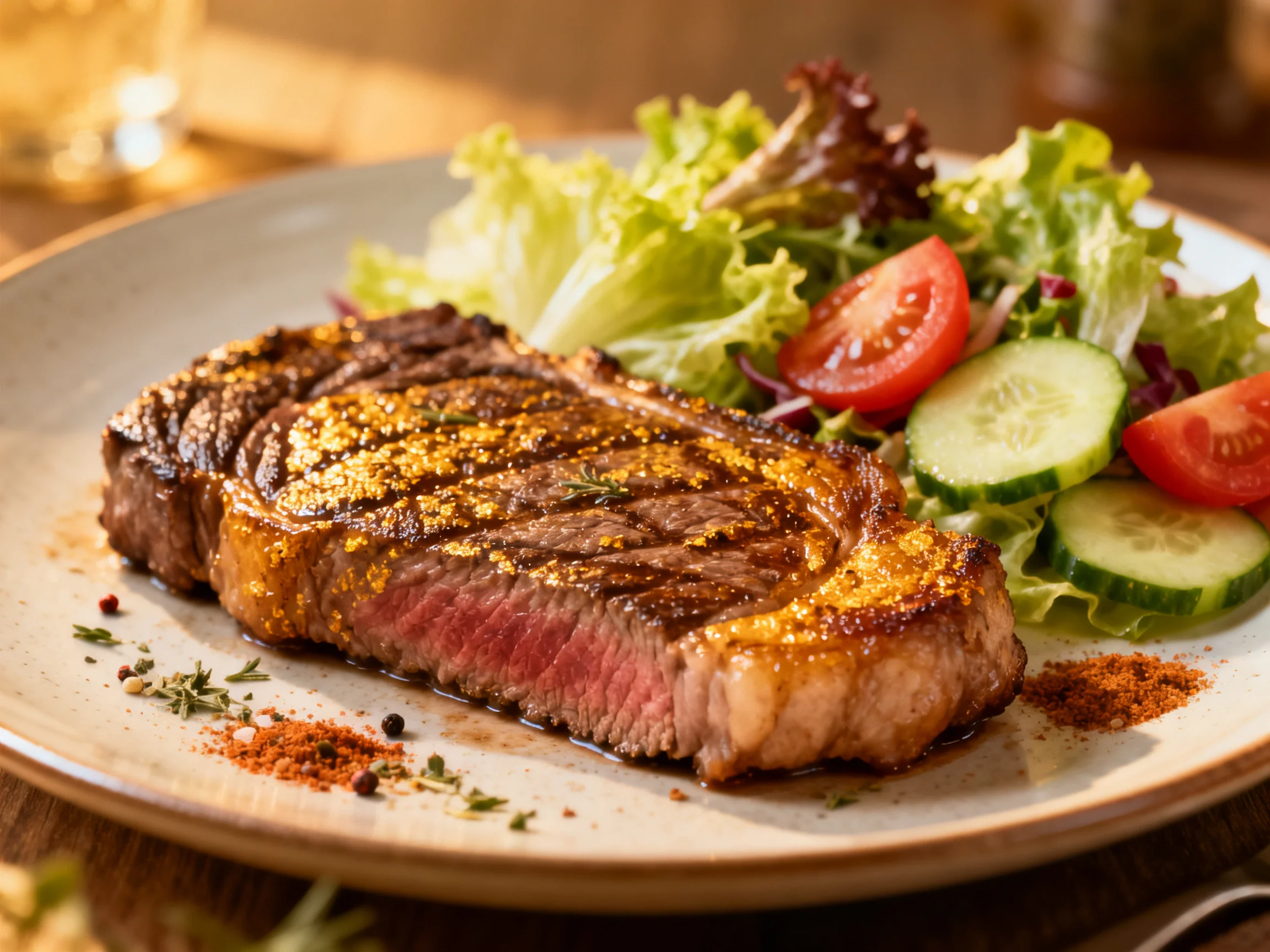 A grilled steak is served with fresh mixed greens and vegetables on a ceramic plate.