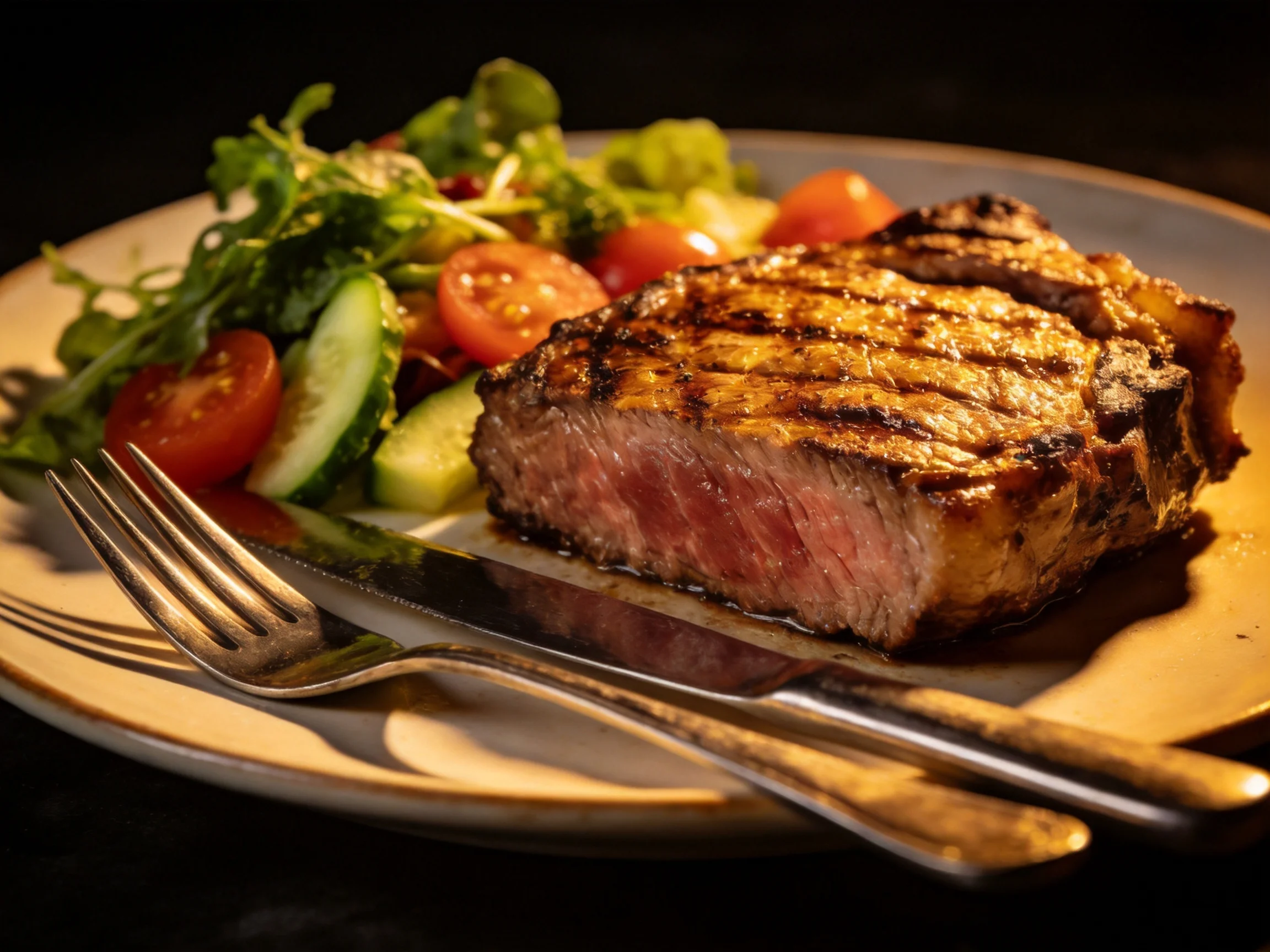 A juicy grilled steak with fresh salad on a ceramic plate