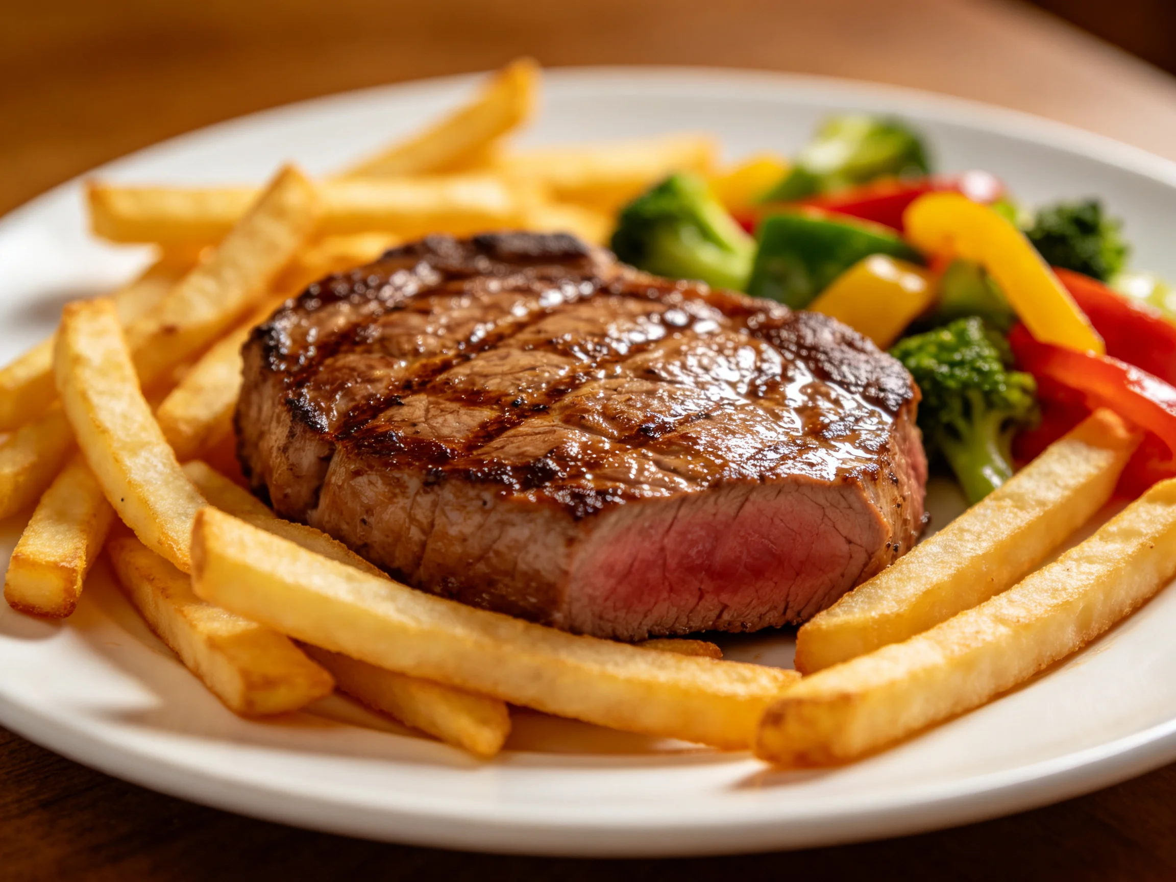 A juicy grilled steak with golden fries and vibrant mixed veggies