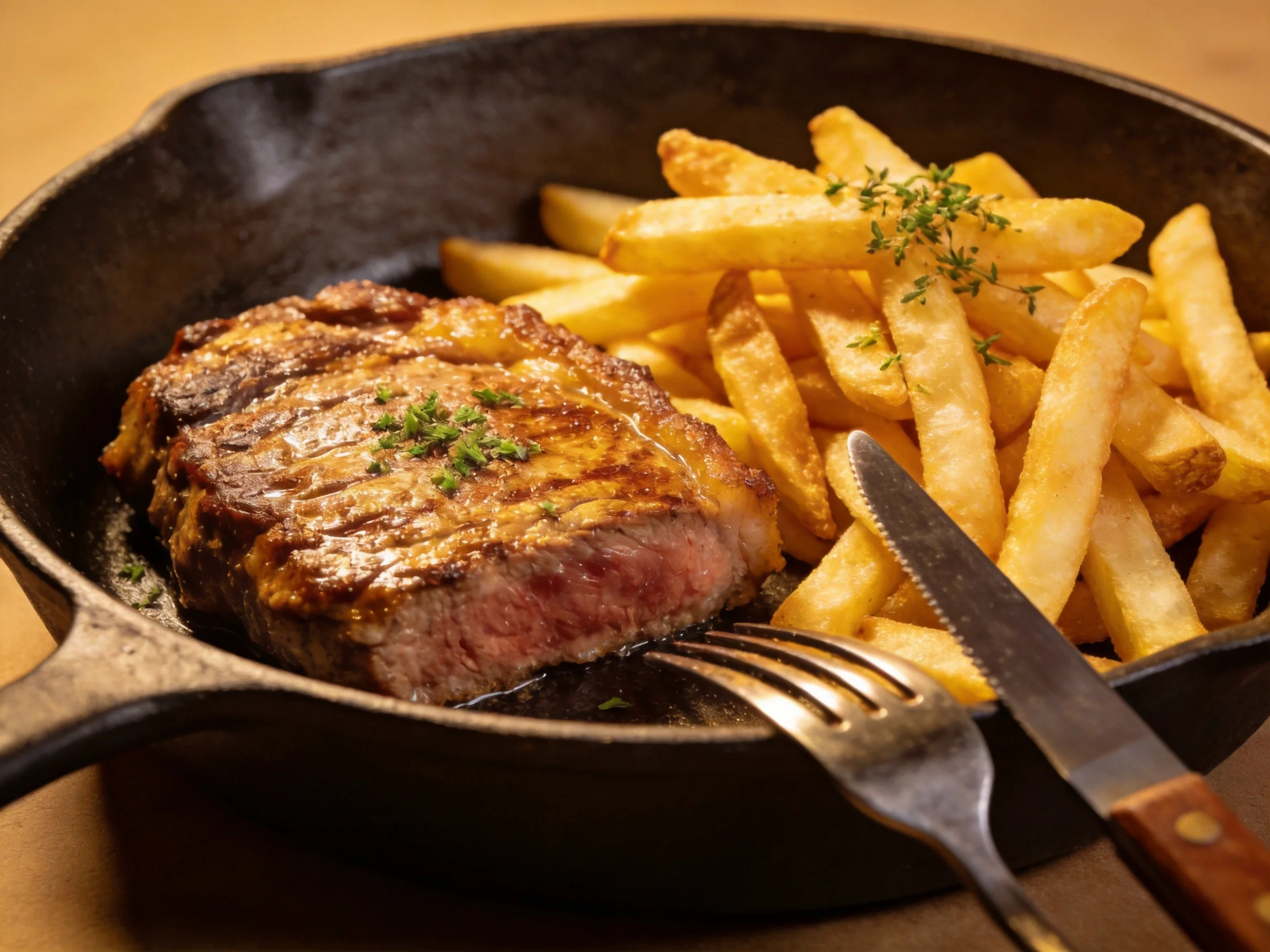 A juicy grilled steak with golden fries in a cast iron skillet