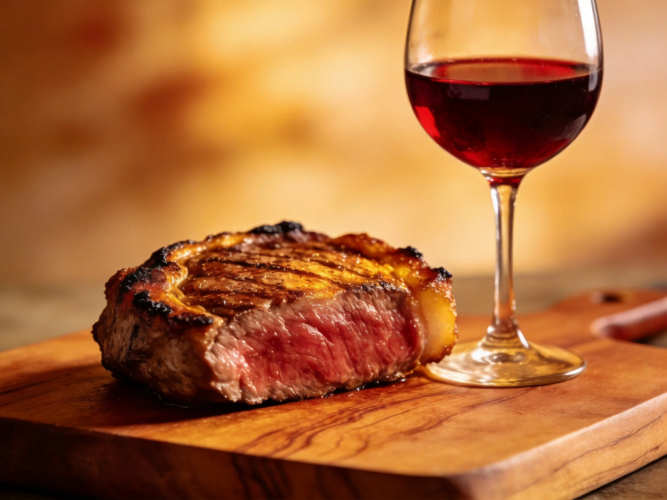 A juicy grilled steak with medium-rare center on wooden board beside red wine