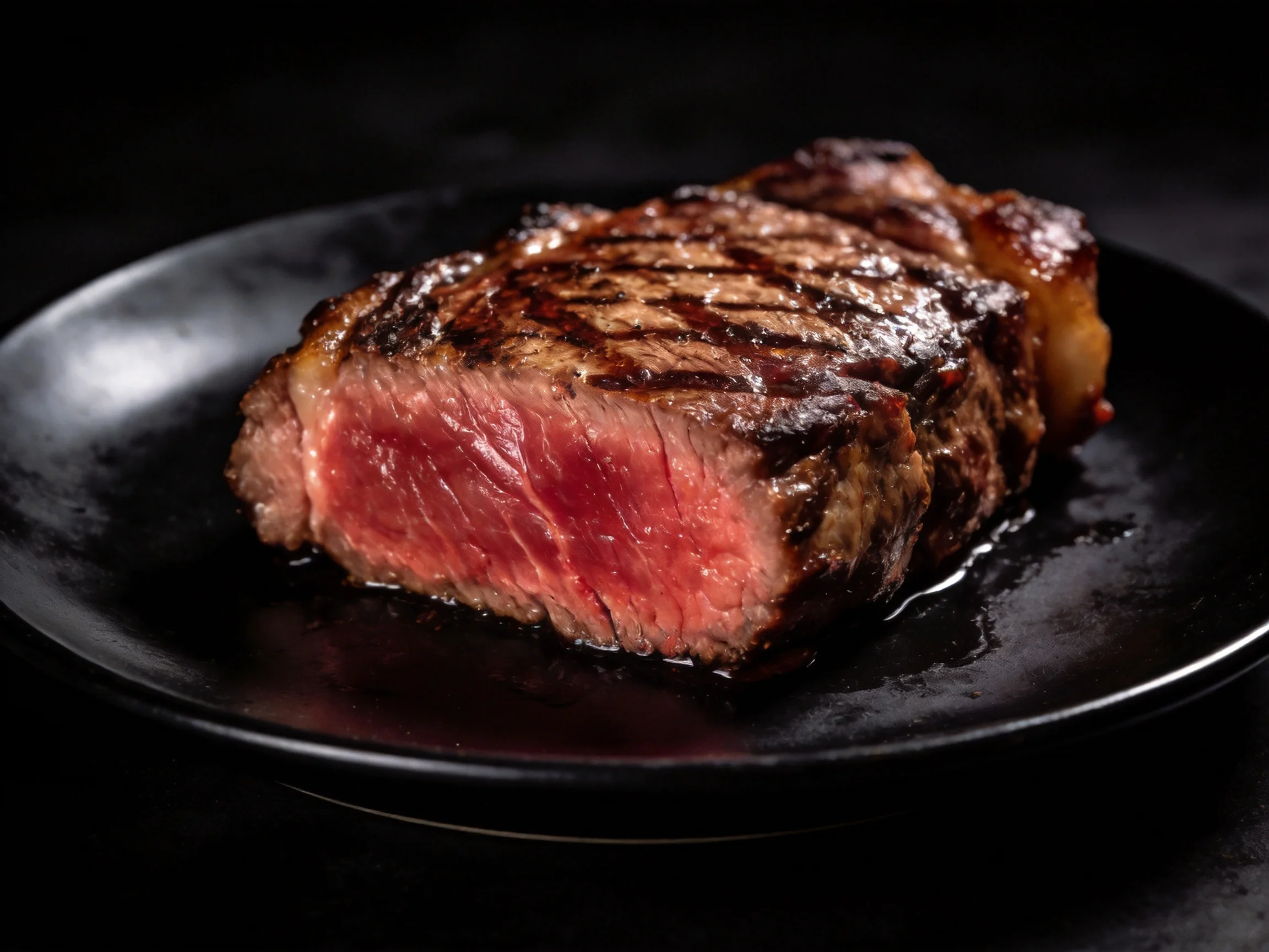 A juicy grilled steak with medium-rare interior on a black plate