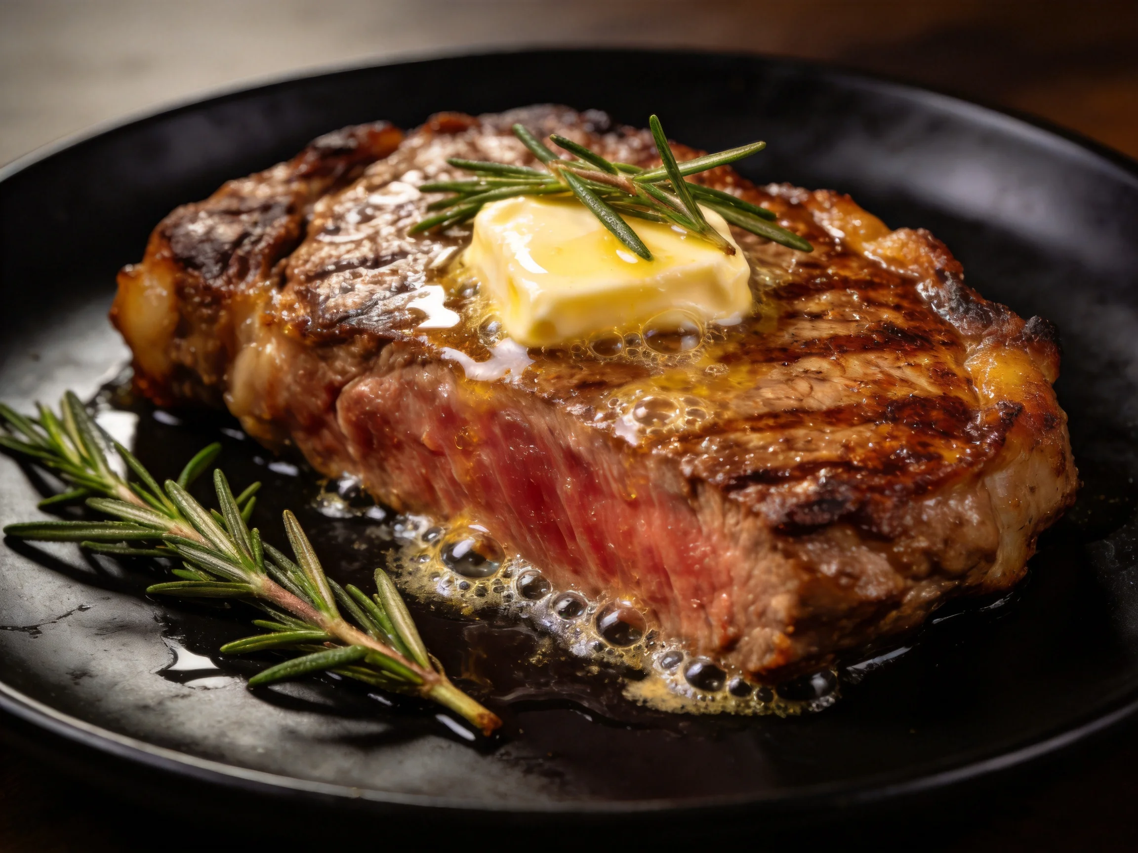 A juicy grilled steak with melting butter and fresh rosemary on a black plate
