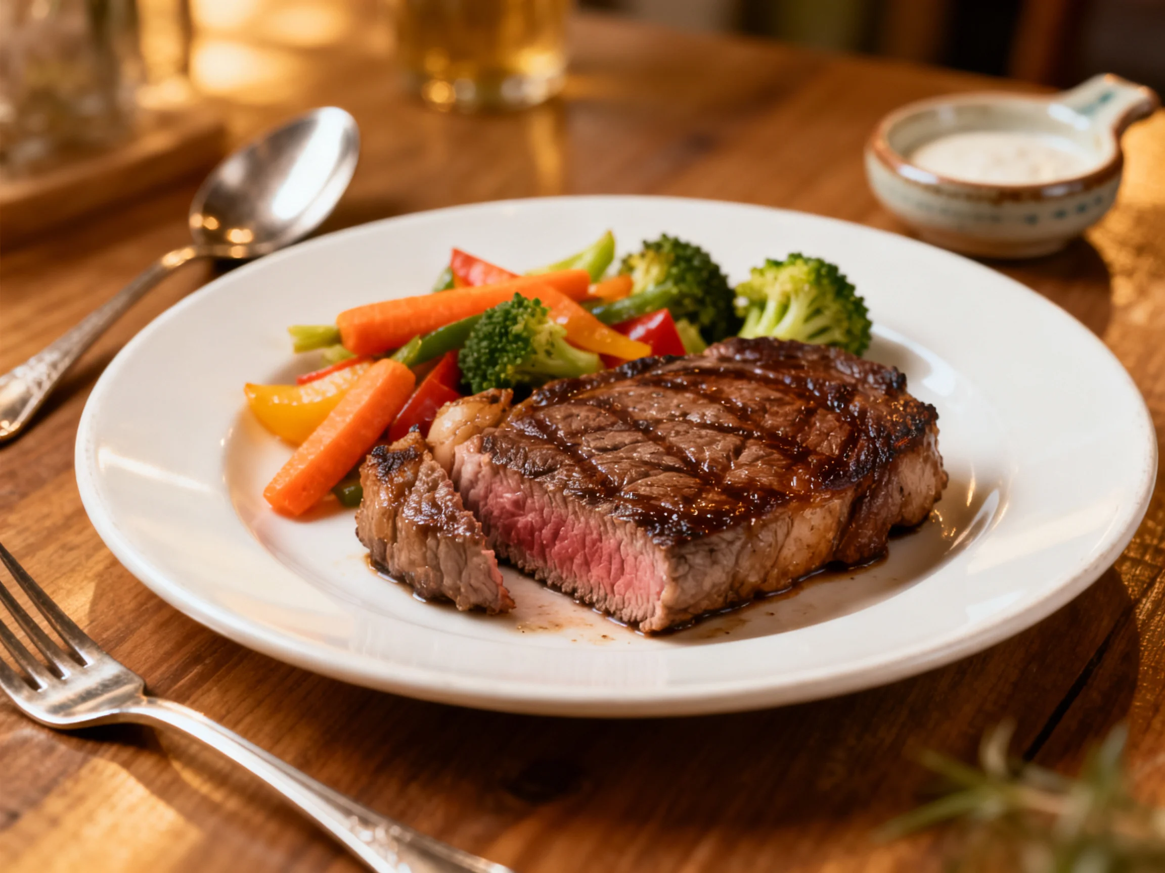 A juicy grilled steak with mixed vegetables on a white plate
