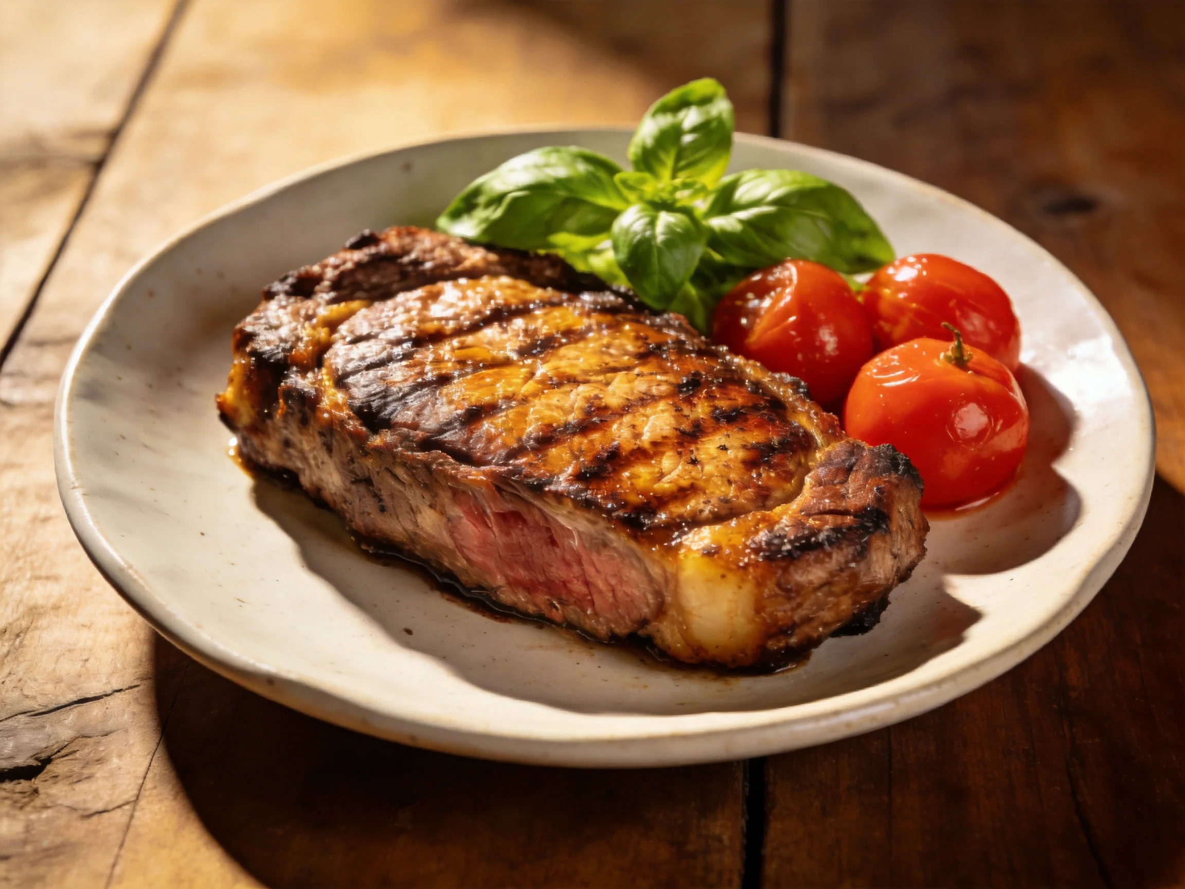 A juicy grilled steak with roasted cherry tomatoes and fresh basil on a white plate