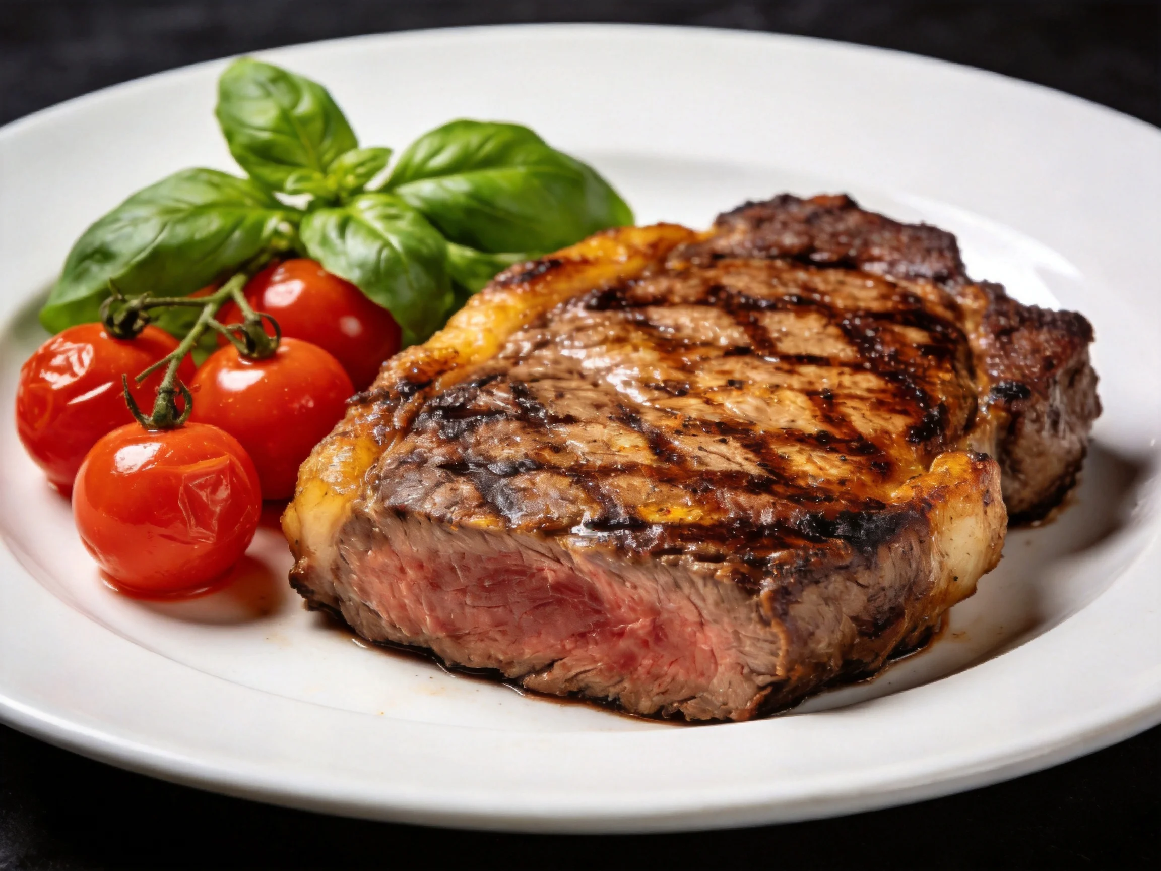 A juicy grilled steak with roasted cherry tomatoes and fresh basil