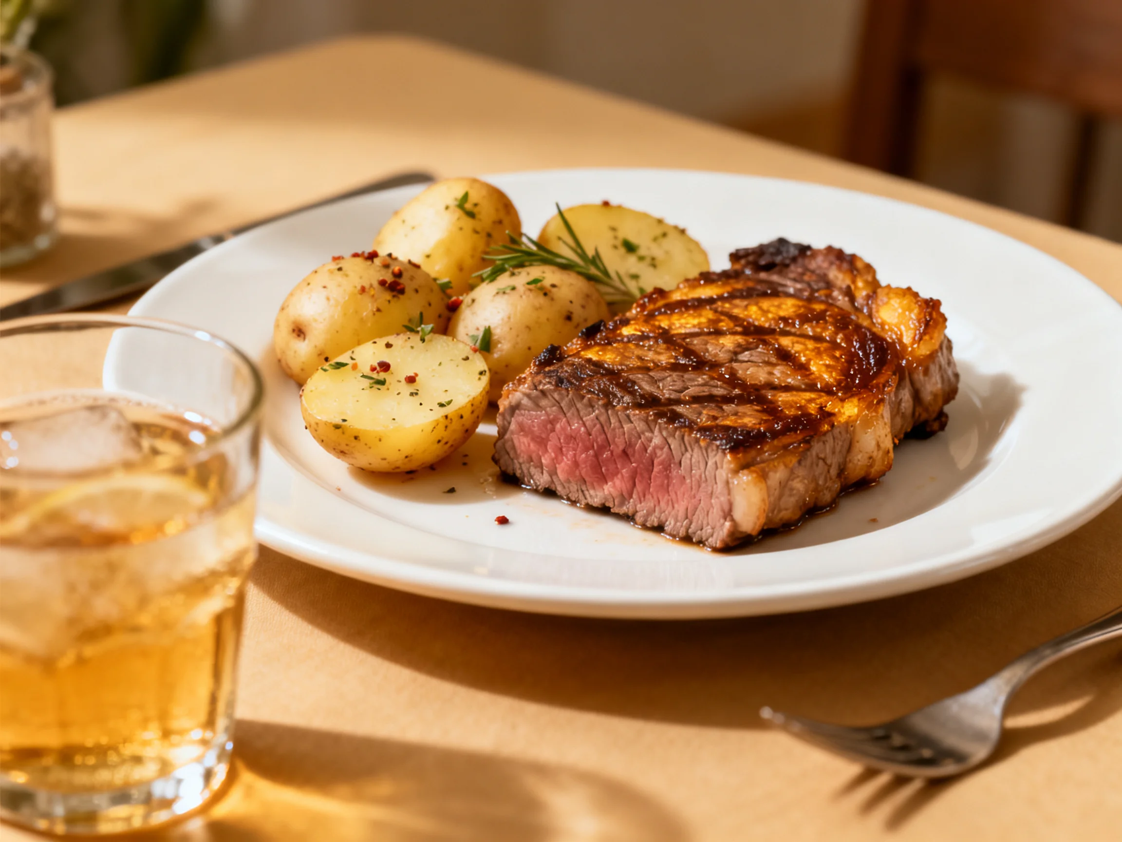 A juicy grilled steak with roasted potatoes and an amber drink