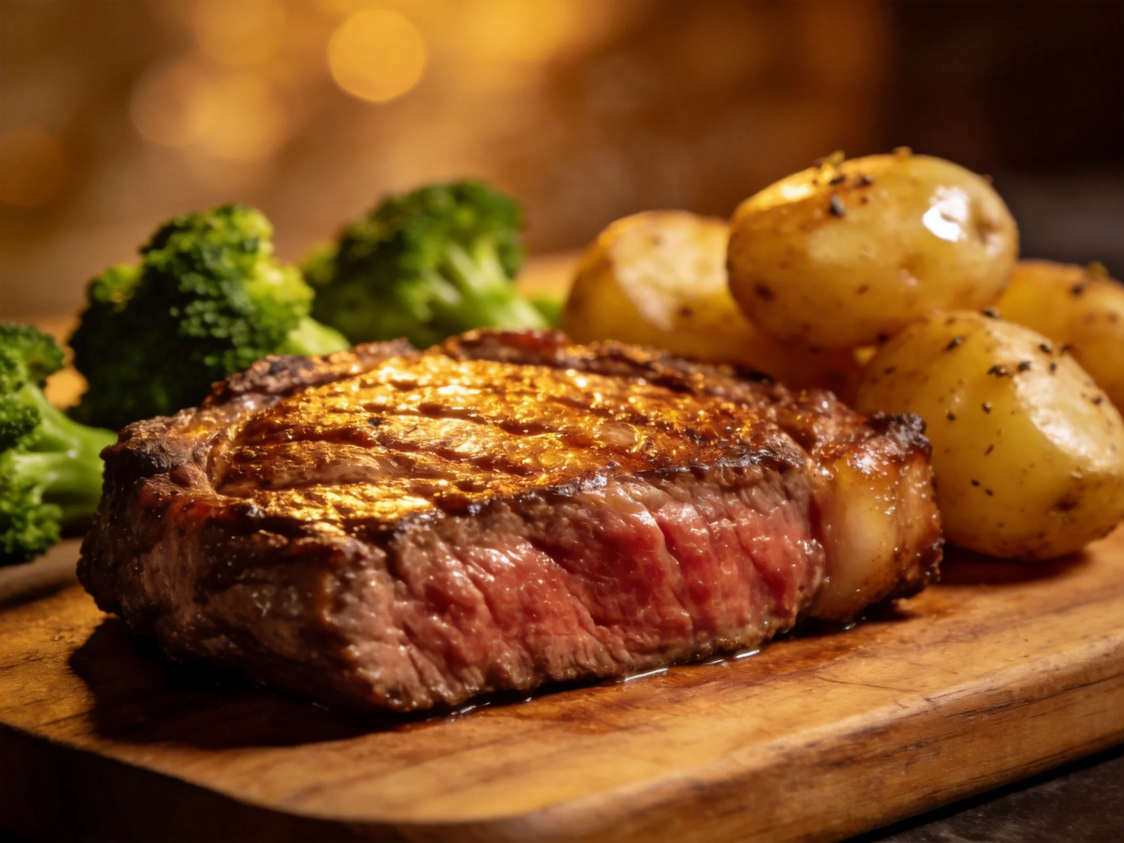 A juicy grilled steak with roasted potatoes and broccoli on a wooden board