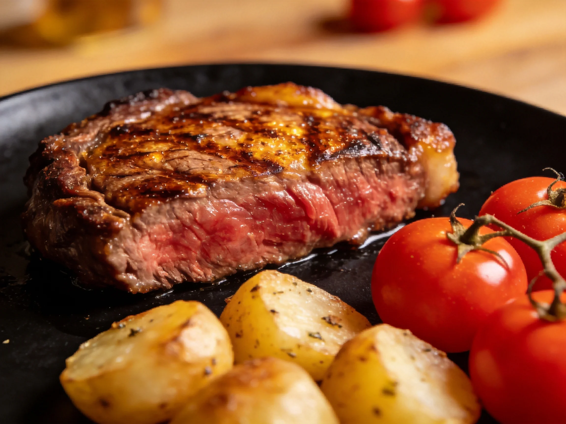 A juicy grilled steak with roasted potatoes and vine tomatoes