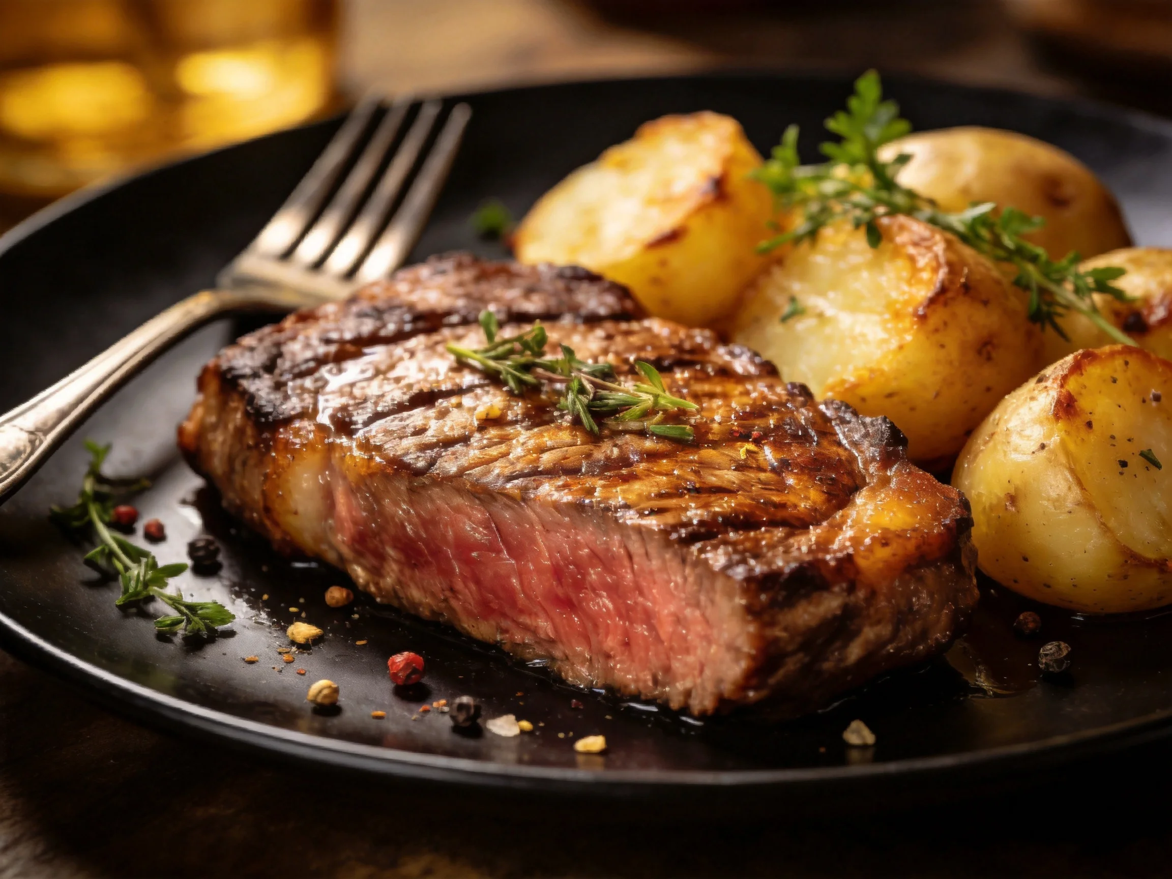 A juicy grilled steak with roasted potatoes on a black plate