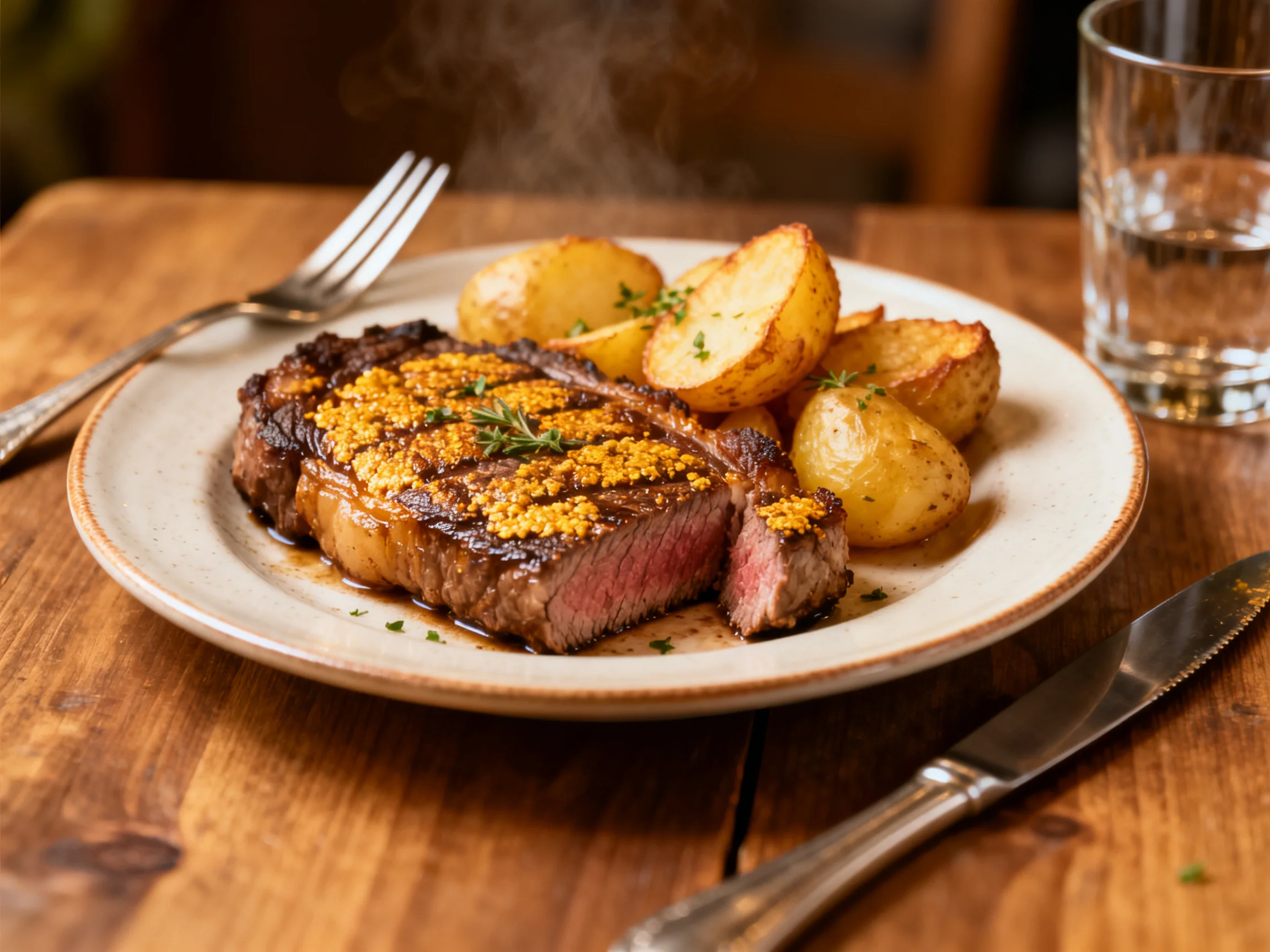 A juicy grilled steak with roasted potatoes on a rustic wooden table