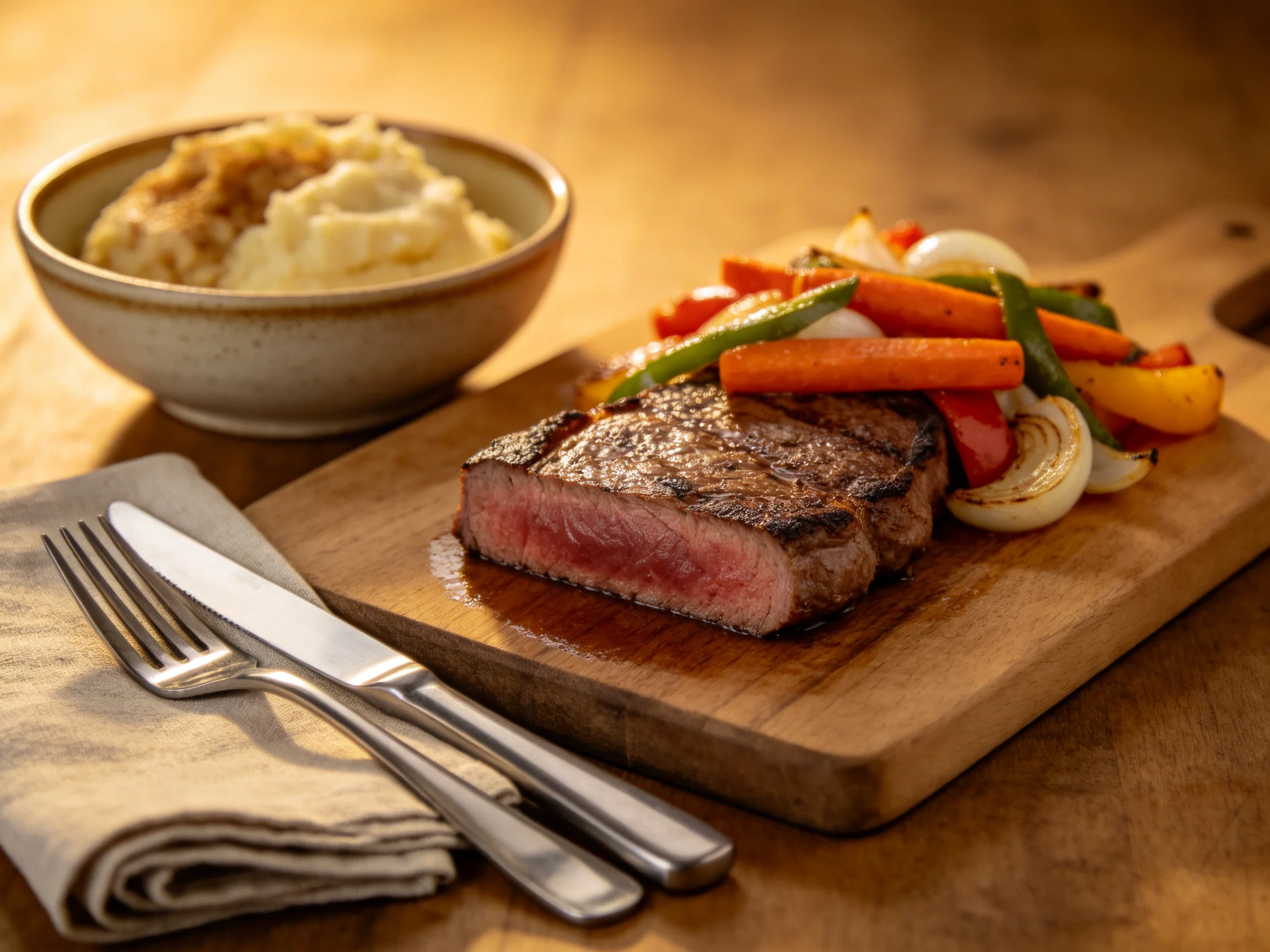 A juicy grilled steak with roasted veggies and creamy mashed potatoes