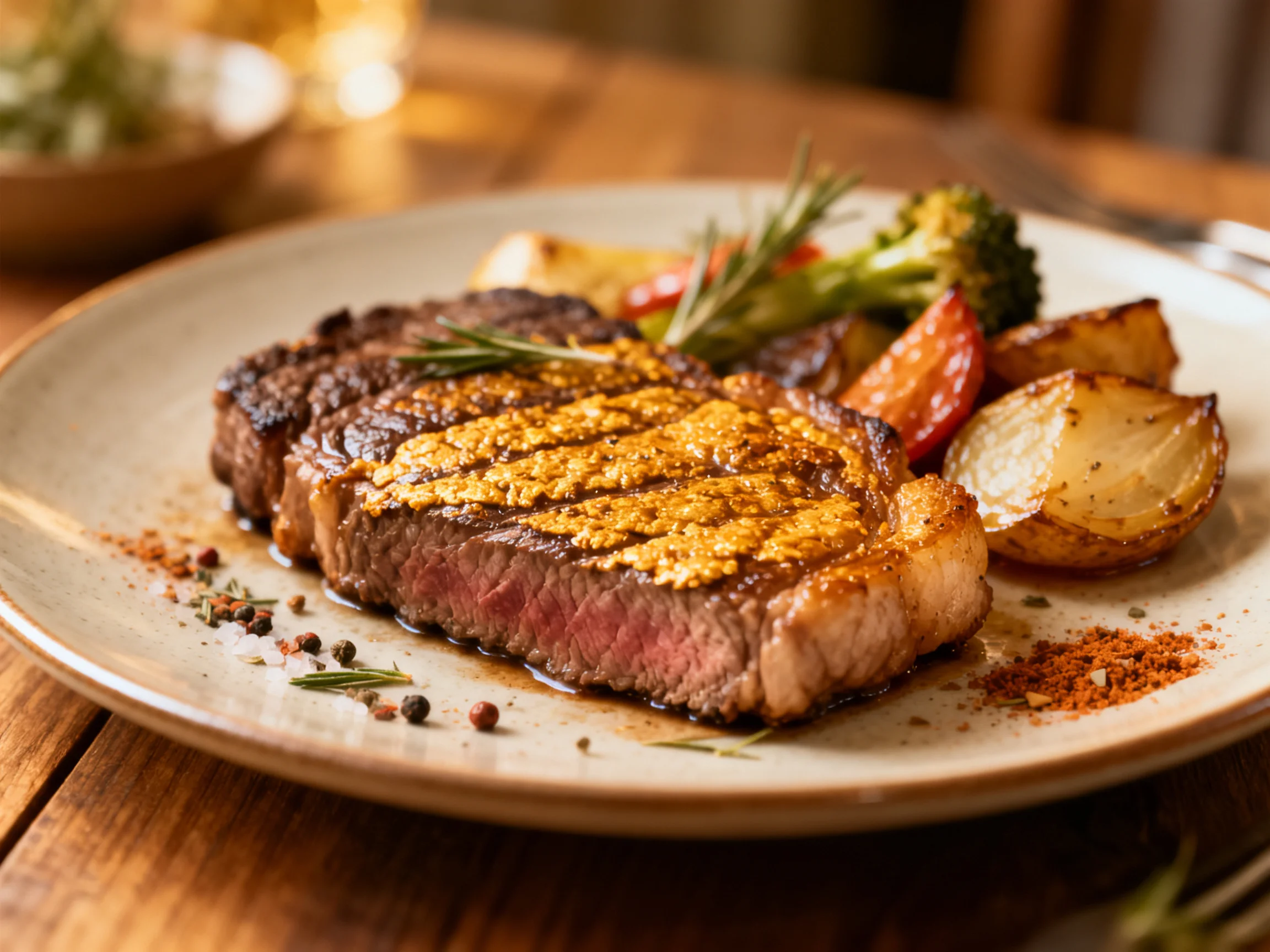 A juicy grilled steak with roasted veggies and herbs on a ceramic plate