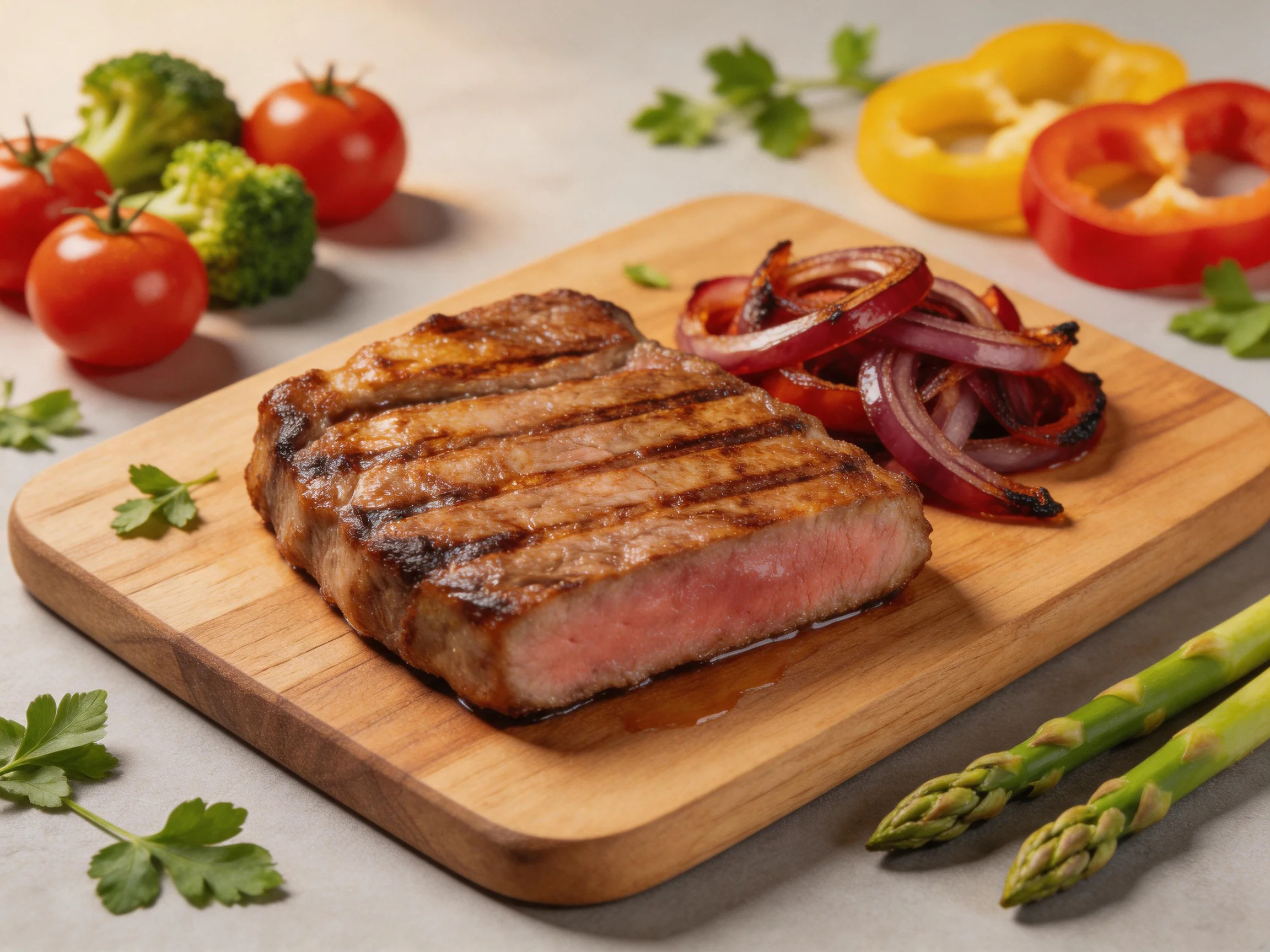 A juicy grilled steak with roasted veggies on a wooden cutting board