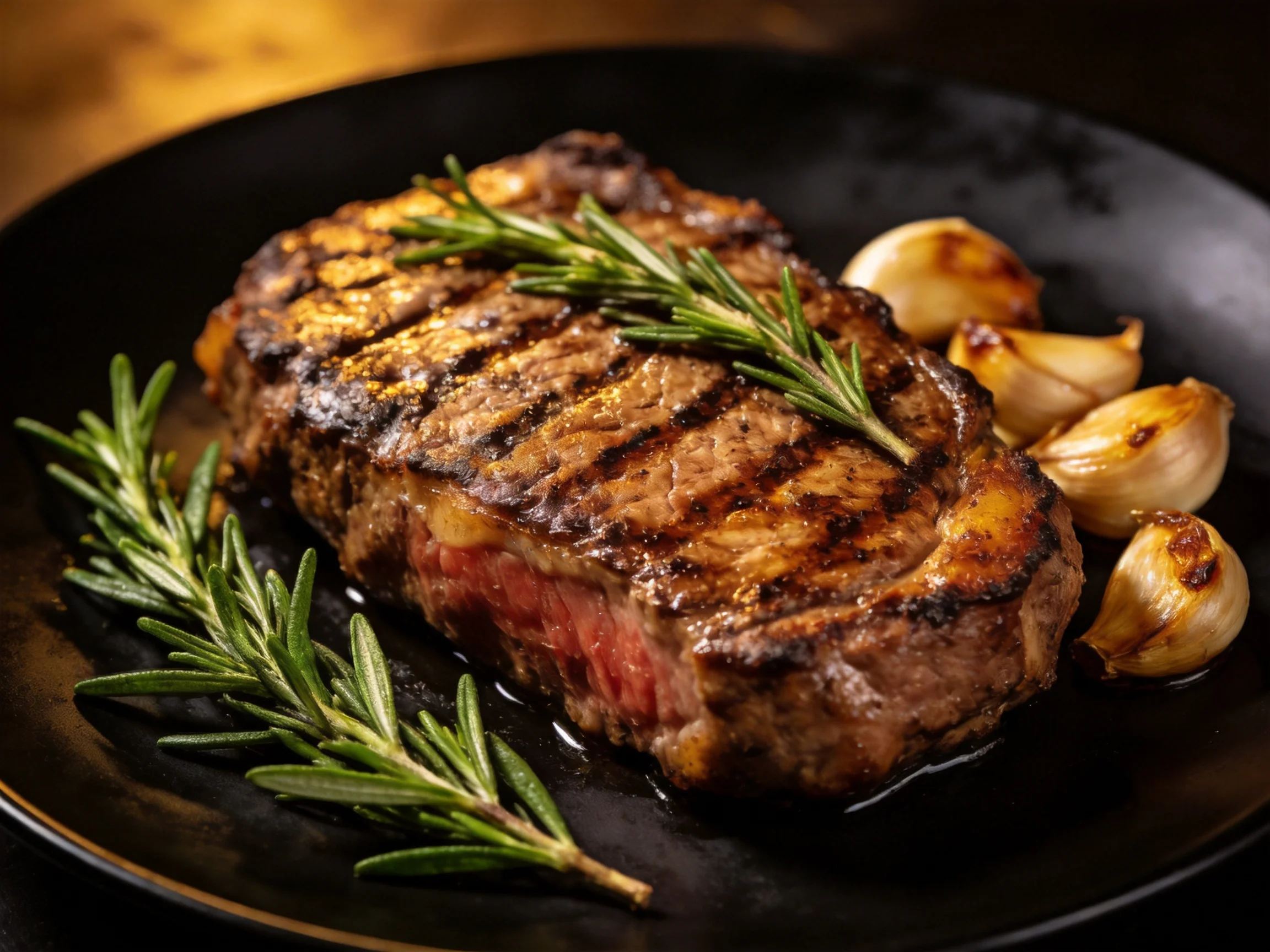 A juicy grilled steak with rosemary and roasted garlic on a dark plate