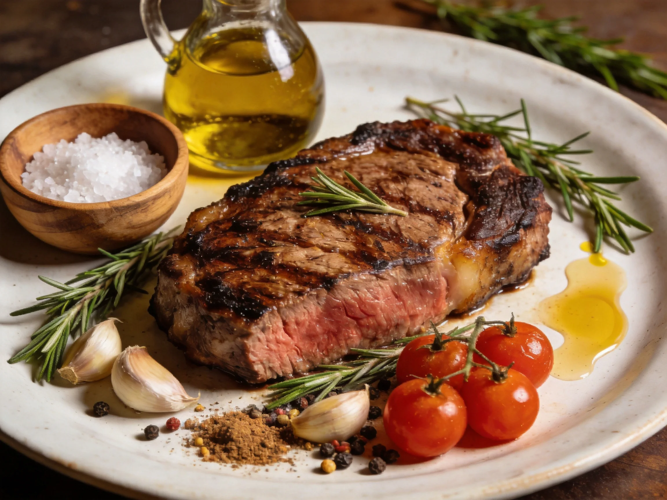 A juicy grilled steak with rosemary, cherry tomatoes, and olive oil