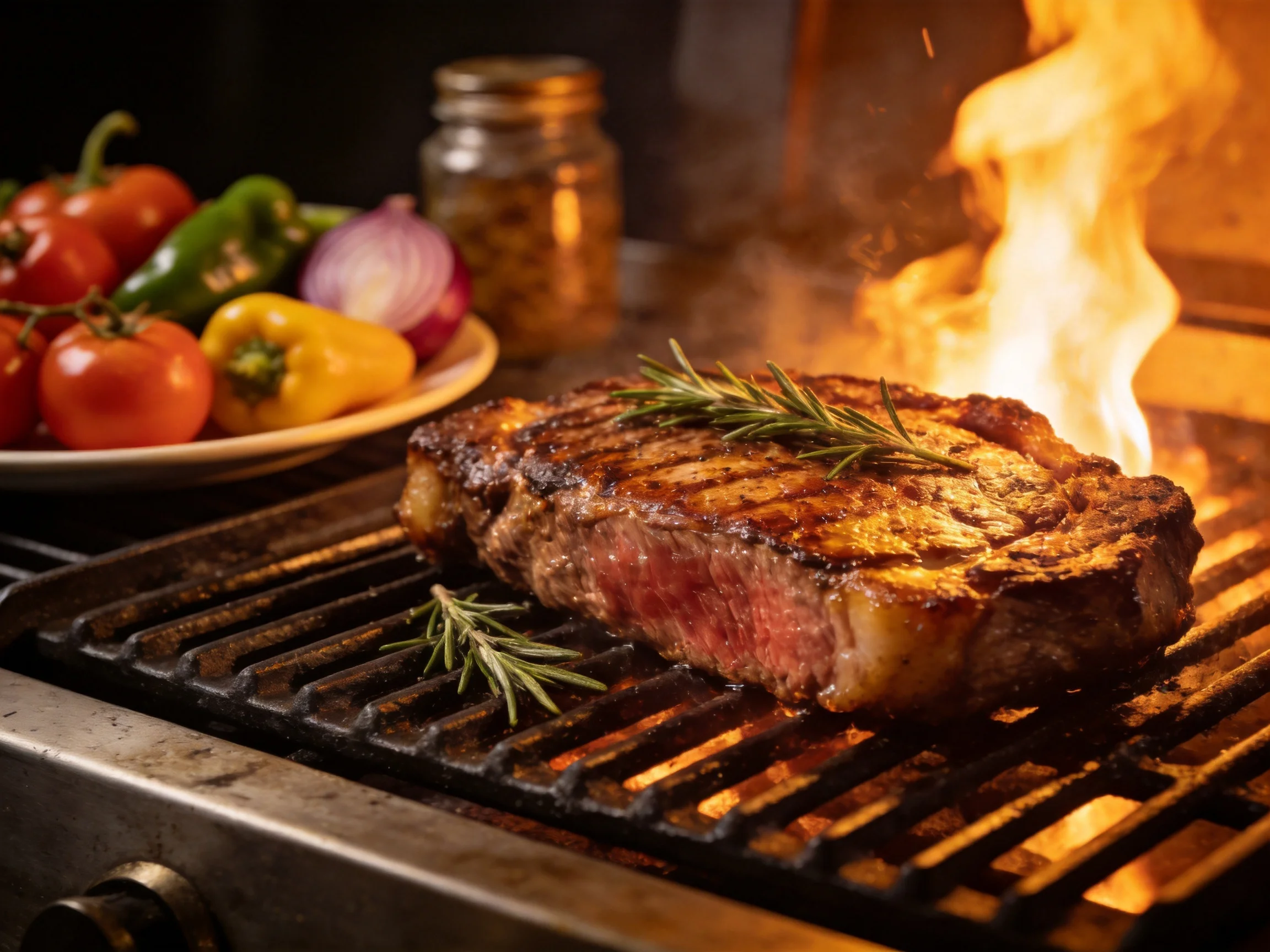 A juicy grilled steak with rosemary, colorful veggies near a flame