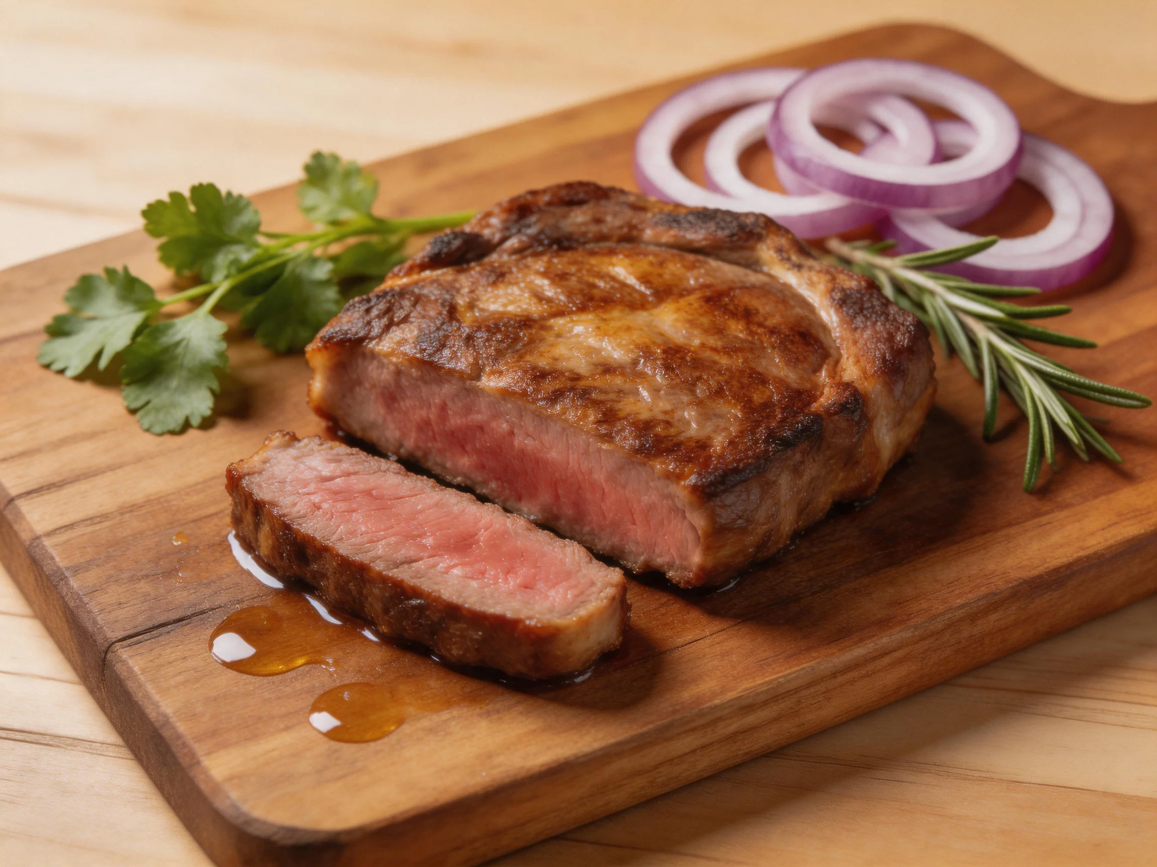 A juicy grilled steak with sliced red onions and fresh herbs