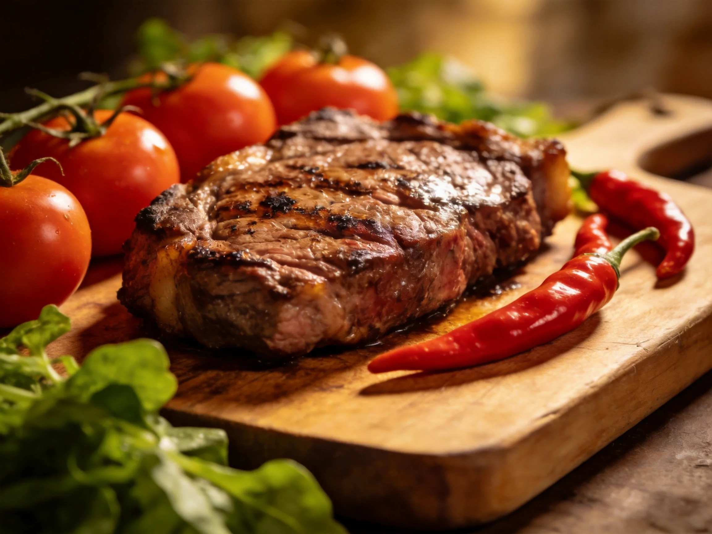 A juicy grilled steak with vibrant tomatoes and red chilies