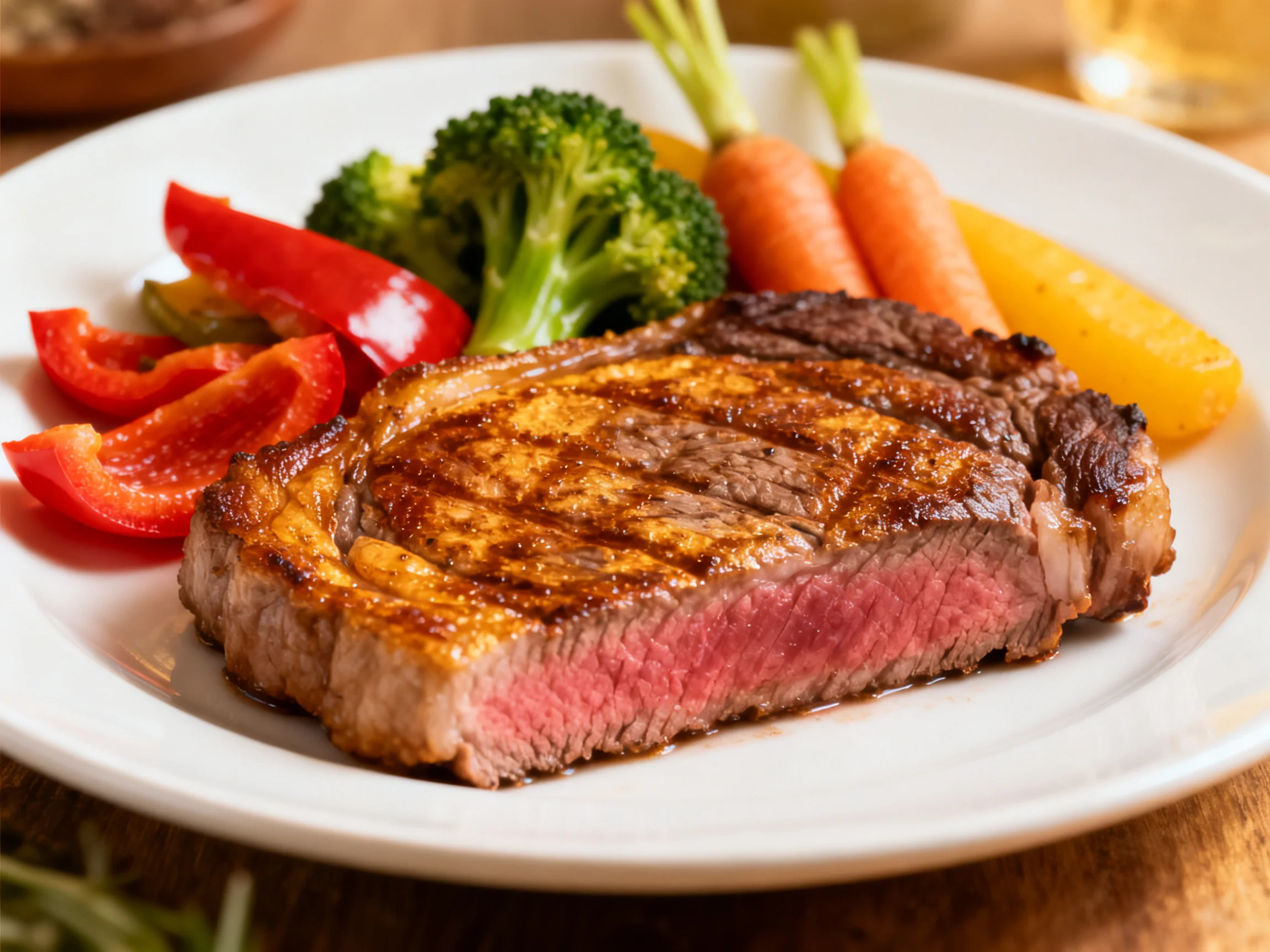 A juicy grilled steak with vibrant vegetables on a white plate