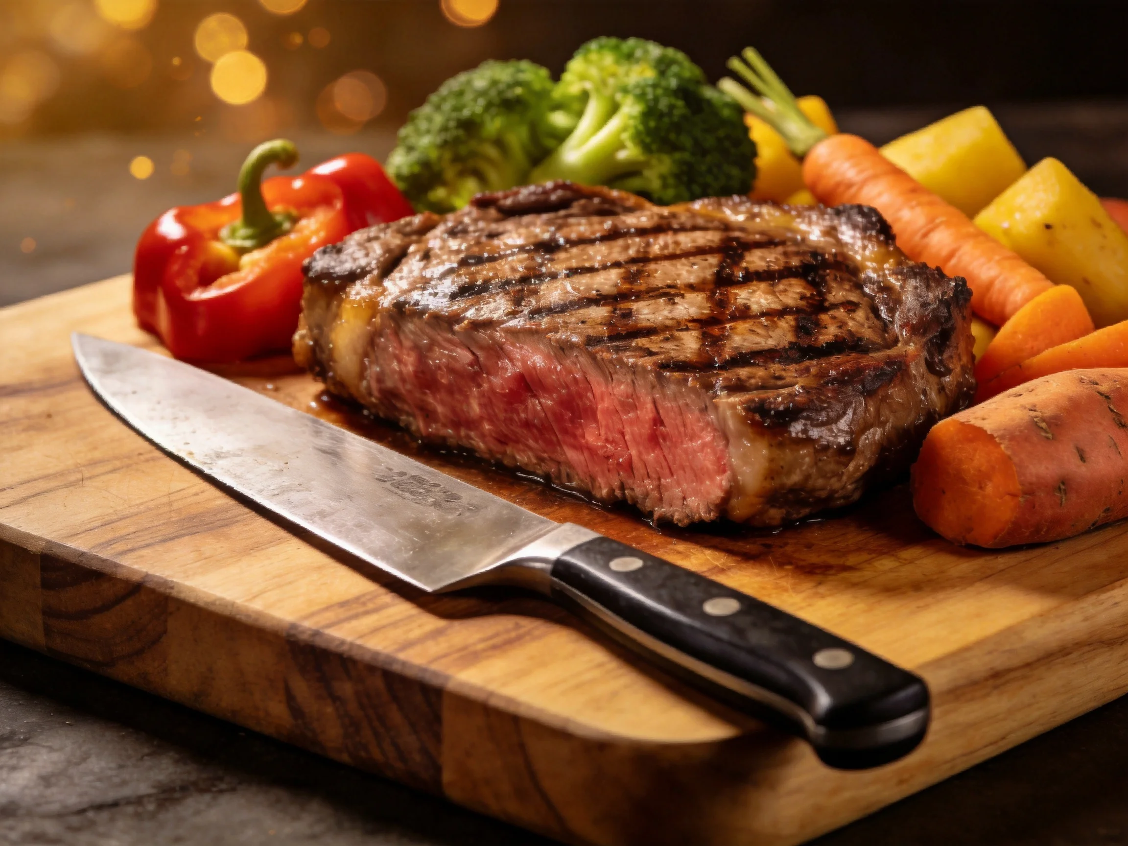 A juicy grilled steak with vibrant vegetables on a wooden cutting board